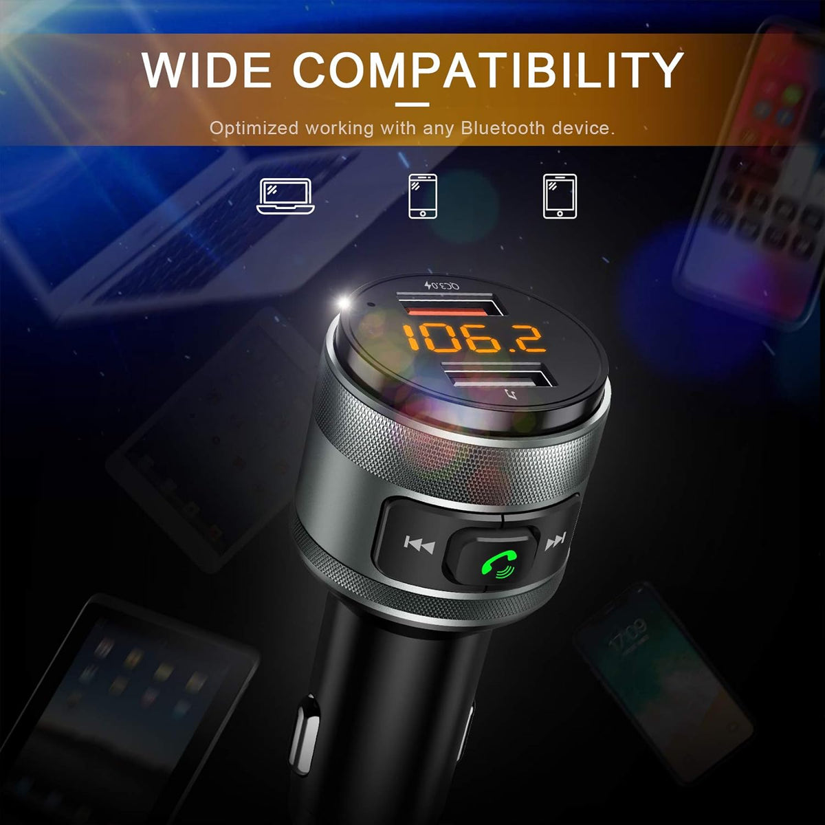 Bluetooth 5.3 FM Transmitter for Car, 3.0 Wireless Bluetooth FM Radio Adapter Music Player FM Transmitter/Car Kit with Hands-Free Calling and 2 USB Ports Charger Support USB Drive