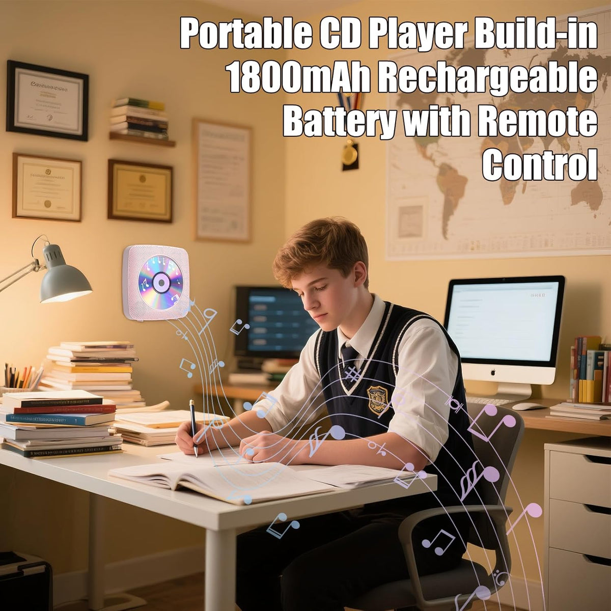 Gueray 1800mAh CD Player Portable with Bluetooth Wall Mountable, Rechargeable Battery Operated CD Music Players