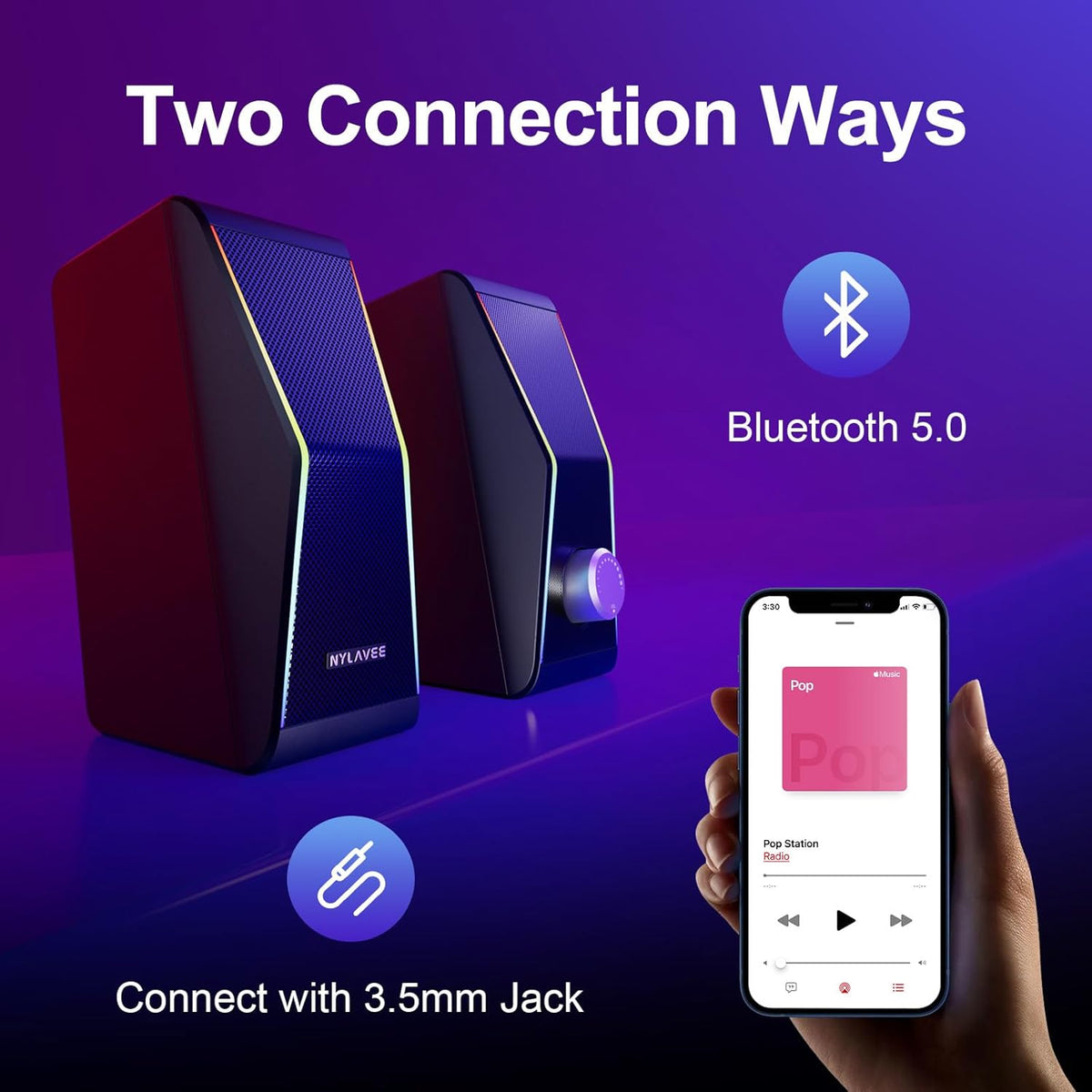 Computer Speakers, Bluetooth 5.0 Hi-Fi Stereo PC Speakers, 4 Dynamic Lighting Modes, AC Adapter Powered and 3.5mm AUX-in Computer Speakers for Desktop PC, Monitor, Laptop, Tablet, Phone