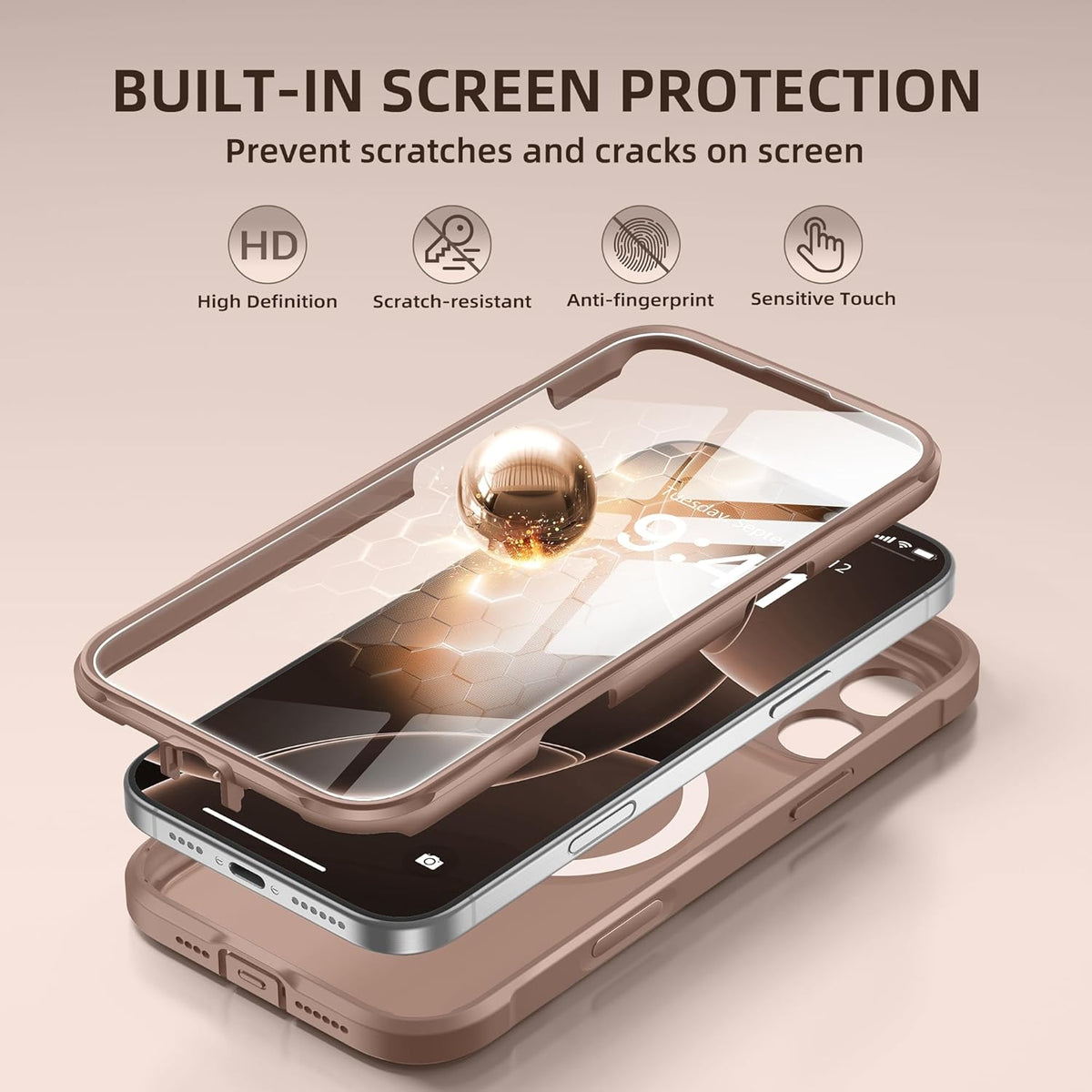 BERFY Magnetic for iPhone 16 Pro Max Case, Compatible with MagSafe, [Built-in 9H Tempered Glass Screen Protector & Camera Protection] Full Body Translucent Matte Phone case for 16 Pro Max, Brown