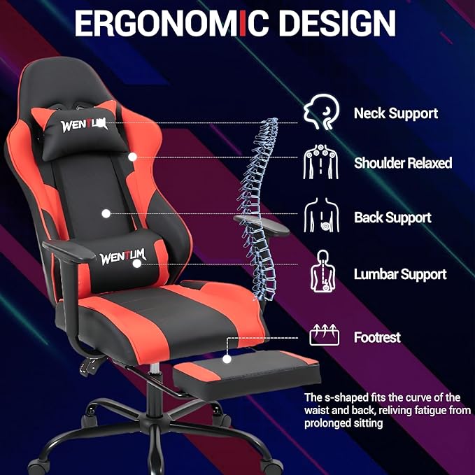 Gaming Chair with Footrest Ergonomic PC Desk Chair with Headrest and Massage Lumbar Support Video Game Chair w/Height Adjustable High Back for Home Office Red