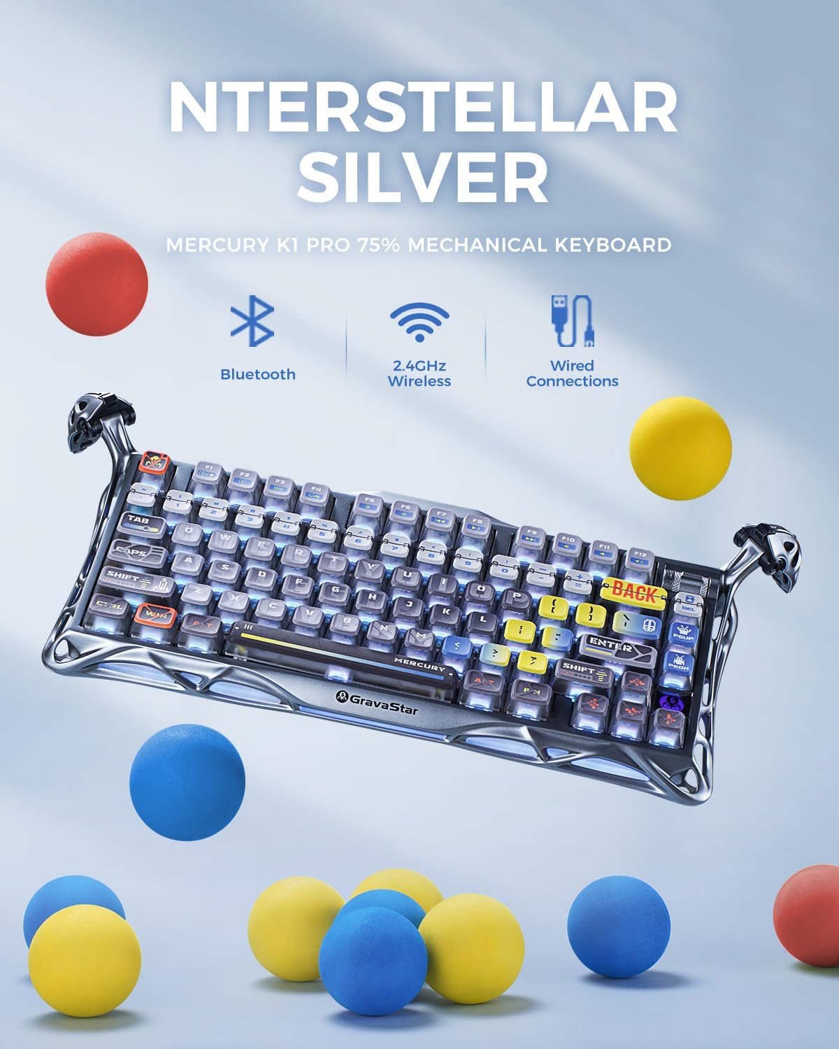 GravaStar Mercury K1 Pro Wireless Mechanical Gaming Keyboard, 75% Layout RGB Custom Keyboard, Hot-Swappable Linear Switches – Aluminum Alloy, Interstellar Silver Brushed Metal Look