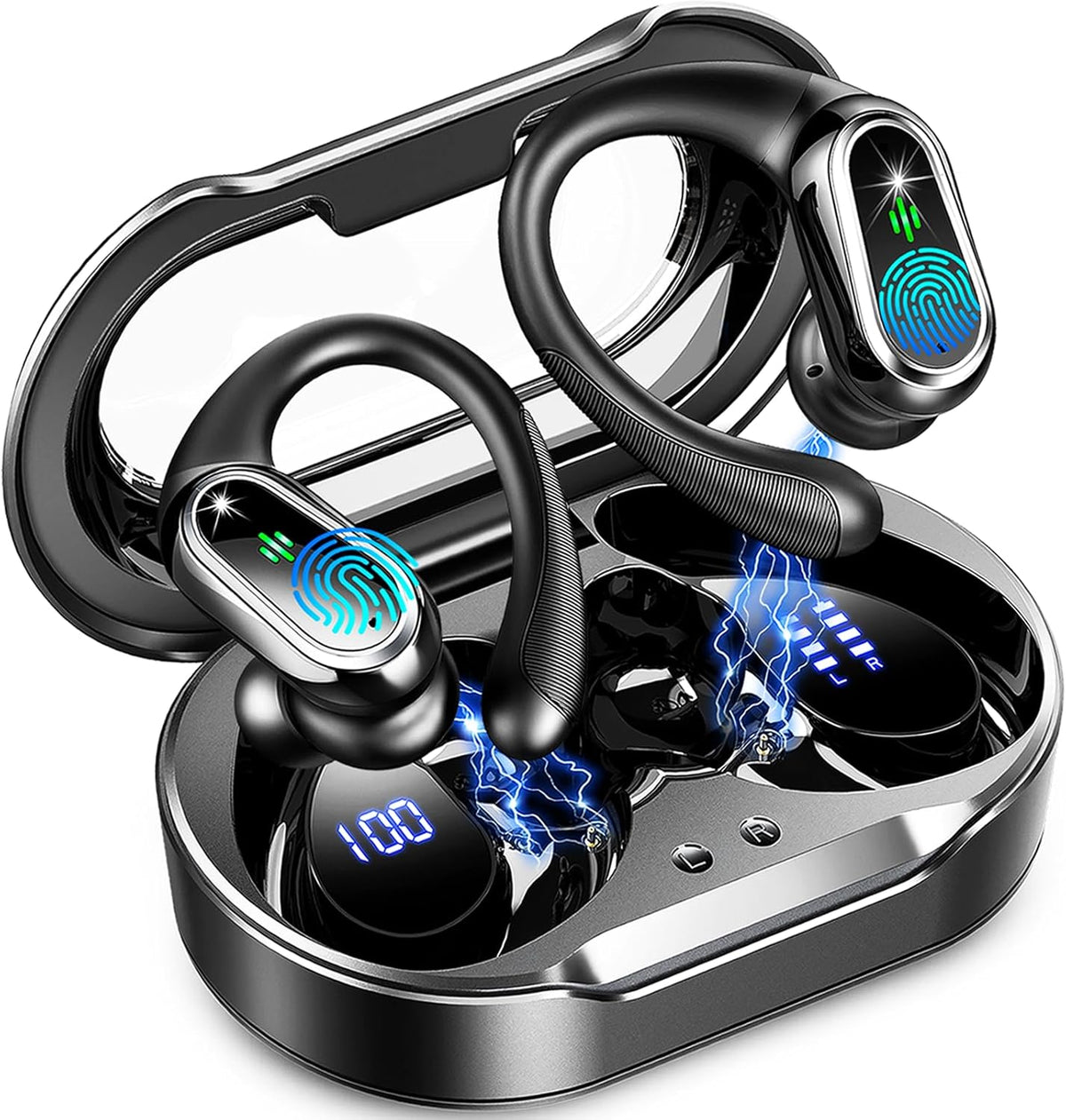Wireless Earbuds, 2025 Bluetooth 5.4 Headphones Sport, 50Hrs HiFi Stereo Deep Bass Over-Ear buds with ENC Noise Cancelling Mic, IP7 Waterproof & LED Display Earphones with Earhooks for Workout/Running