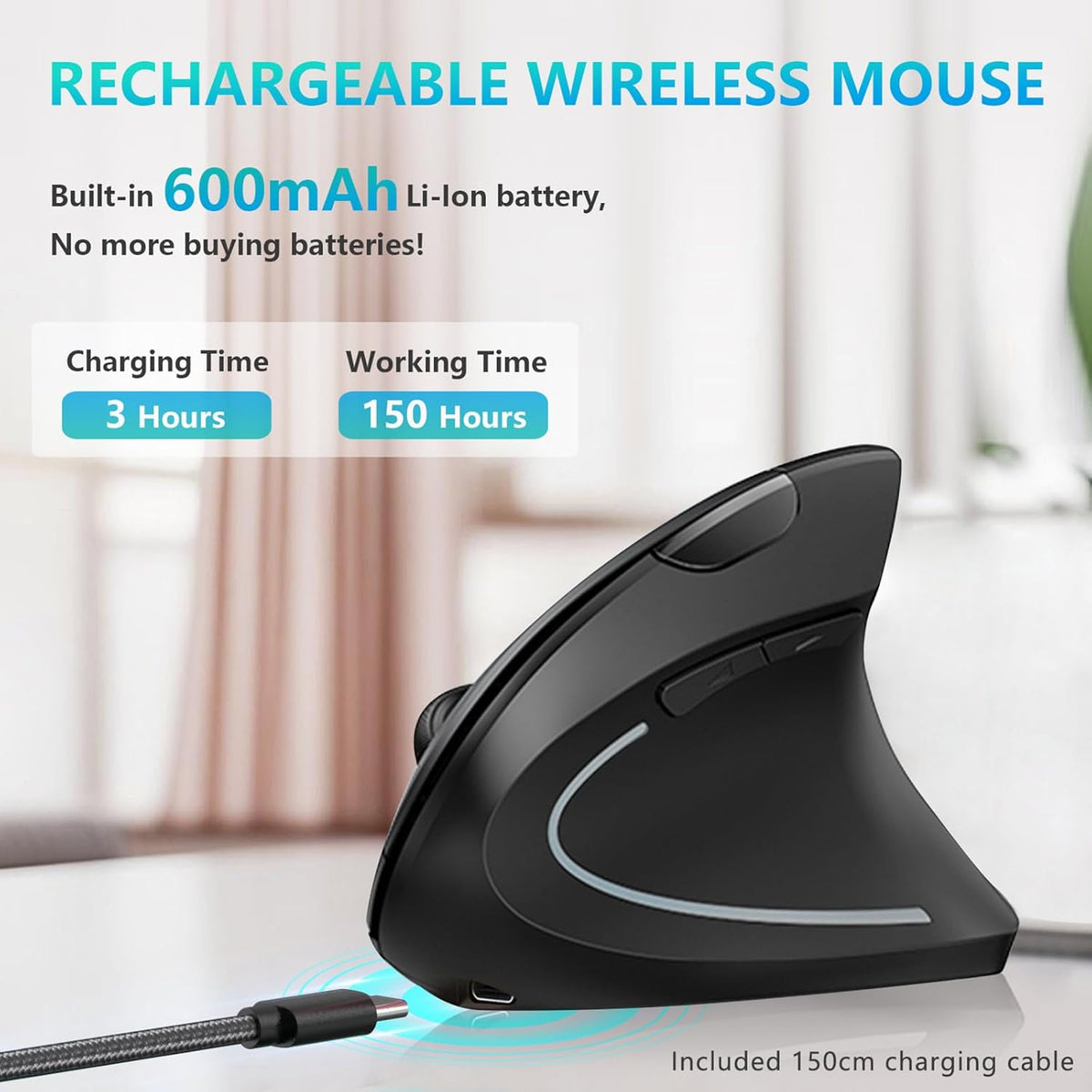 Lekvey Ergonomic Mouse, Vertical Wireless Mouse - Rechargeable 2.4GHz Optical Vertical Mice : 3 Adjustable DPI 800/1200/1600 Levels 6 Buttons, for Laptop, PC, Computer, Desktop, Notebook etc, Black