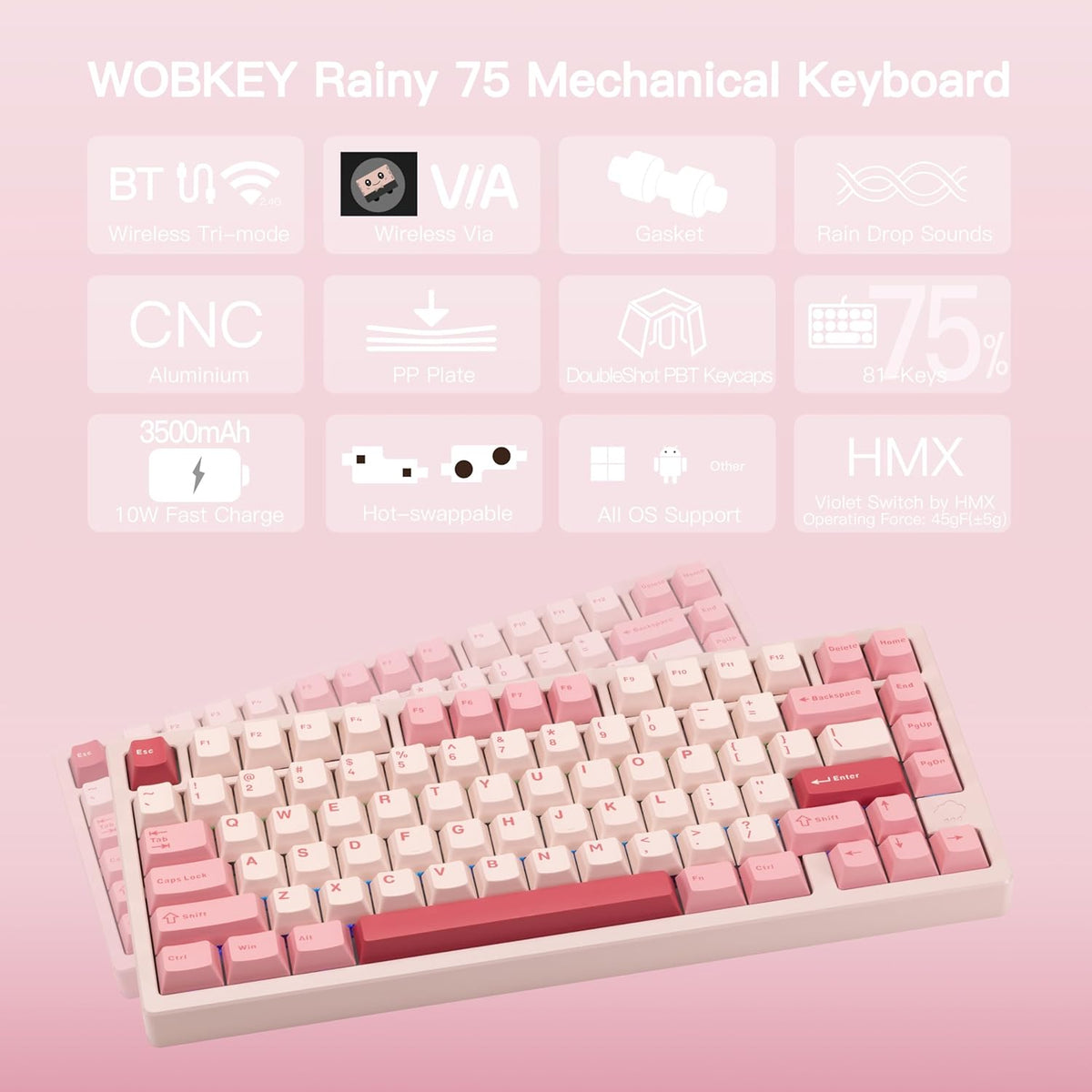 KEEBMONKEY WOBKEY Rainy 75 CNC Aluminum HMX/JWK/Cocoa Switches Triple-Mode Connectivity Mechanical Keyboard with Superior Acoustics, RGB/PP/Mirrored Glass/3500mAh/Violet Switch (Standard - Pink)