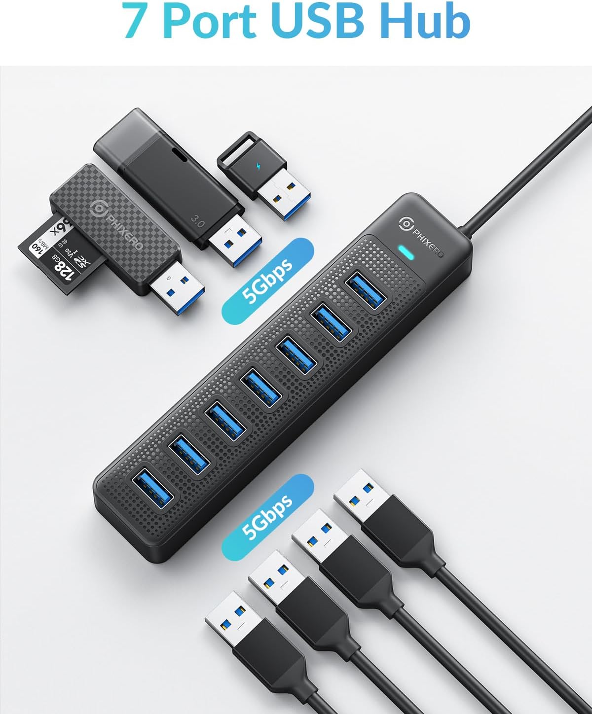PHIXERO 7 Port USB Hub, 3.3FT/1M Long Cable USB 3.0 Hub Multi USB Port Hub Adapter Extension USB Splitter USB Hub for PC, Compatible with All USB 3.0/2.0/1.1 Device