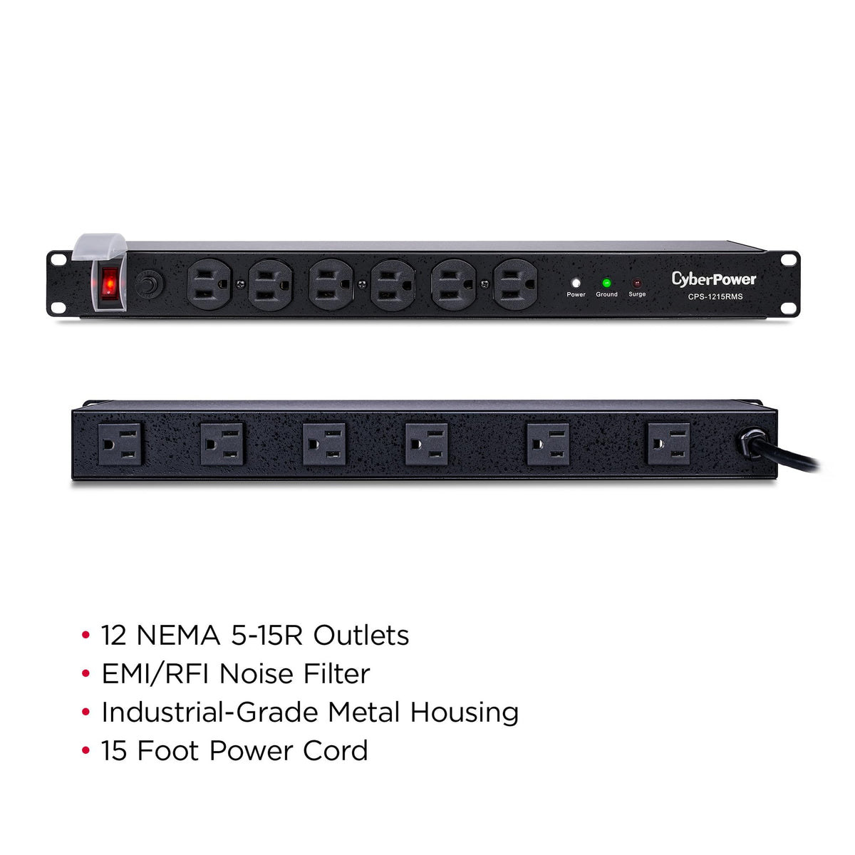 CyberPower CPS1215RMS Surge Protector, 120V/15A, 12 Outlets, 15 ft Power Cord, 1U Rackmount
