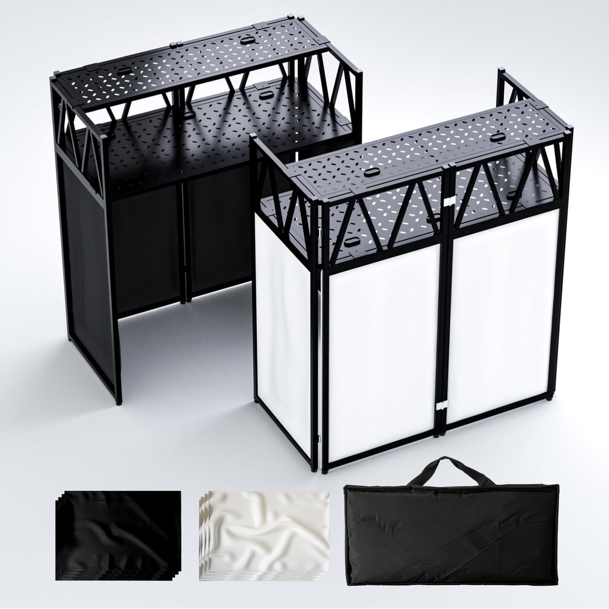Portable DJ Booth T able,Foldable DJ Table Stand Portable with White & Black Scrim,Adjustable DJ Facade Booth Station Metal Frame D J Table with Cable Hole for Private Events, Clubs, Bars (50*25 XL)