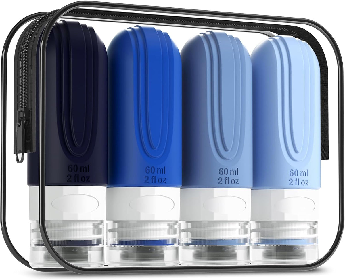 Travel Bottles for Toiletries, Tsa Approved 2oz Travel size Bottles, BPA Free Leak Proof Travels Toiletry Containers, Traveler Accessories with Toiletry Bag for Shampoo Liquid (4 Pack)