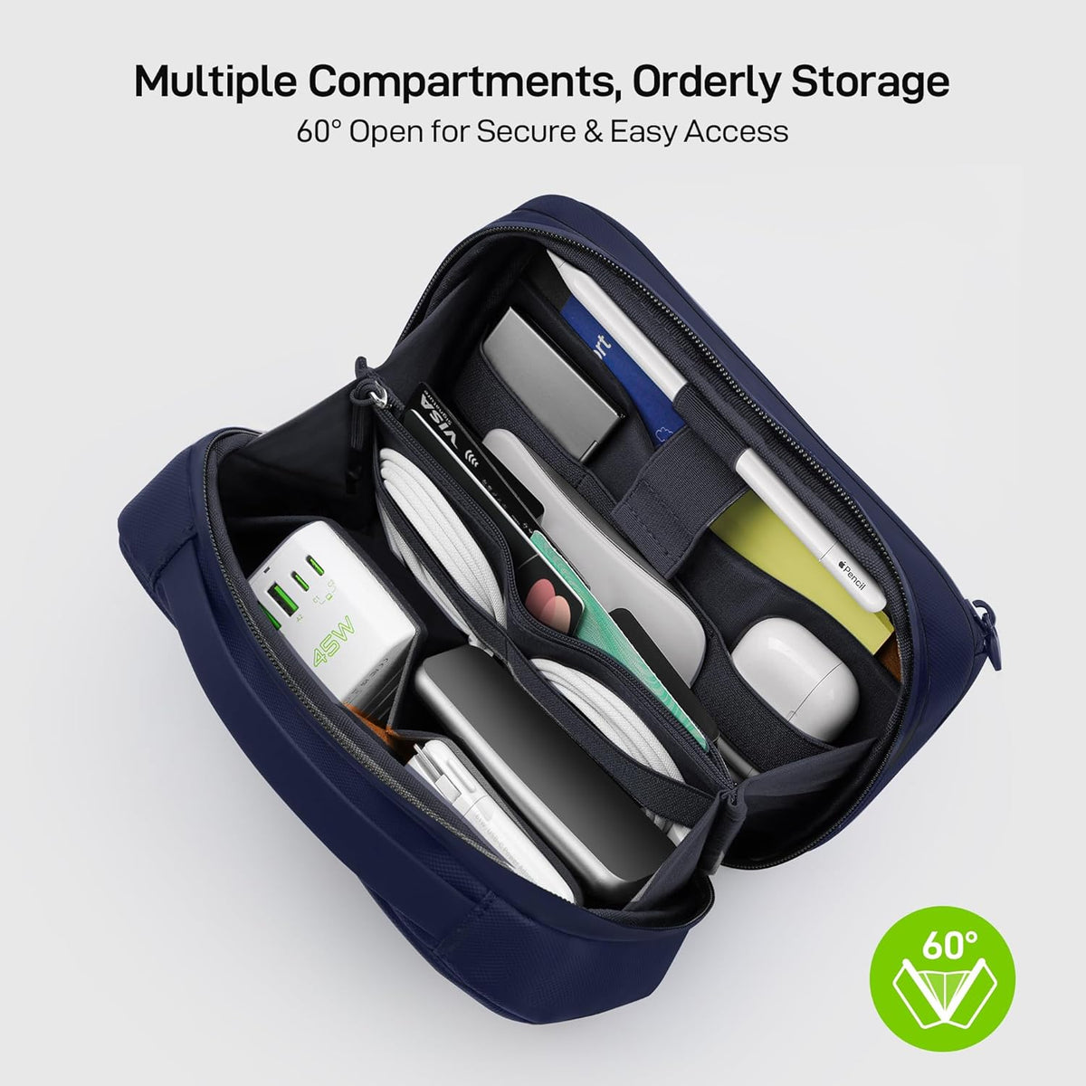 EPICKA Electronics Organizer Travel Case - Cable Organizer Bag for Travel Accessories, Tech Pouch for Cords, Charger, Adapter, Cables, Power Bank, Waterproof Storage Bag with Luggage Strap, Navy