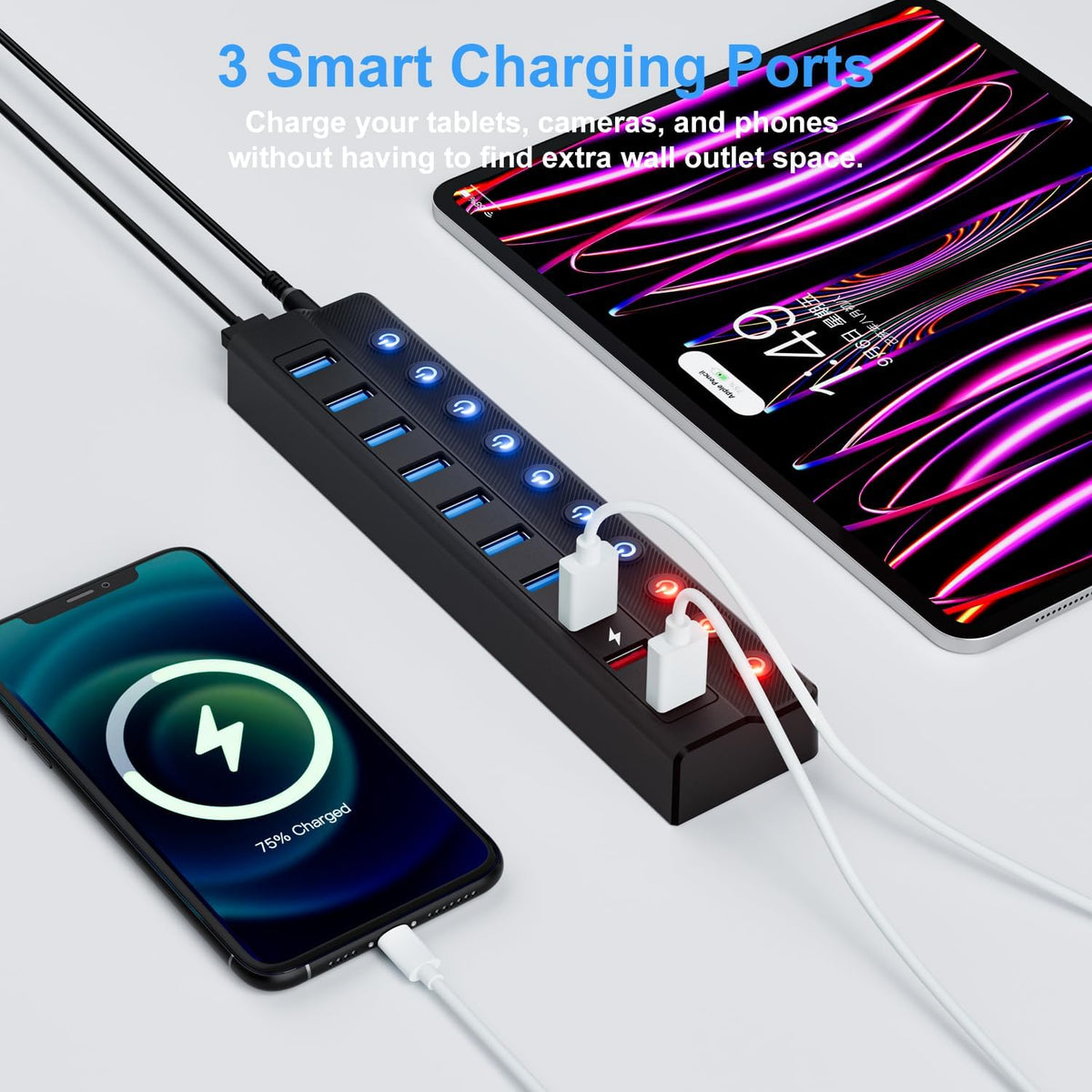 Powered USB Hub, 10-Port USB Splitter Hub (7 Faster Data Transfer Ports+ 3 Smart Charging Port) with Individual LED On/Off Switches and 12V/3A Power Adapter USB Extension for Mac, PC and More