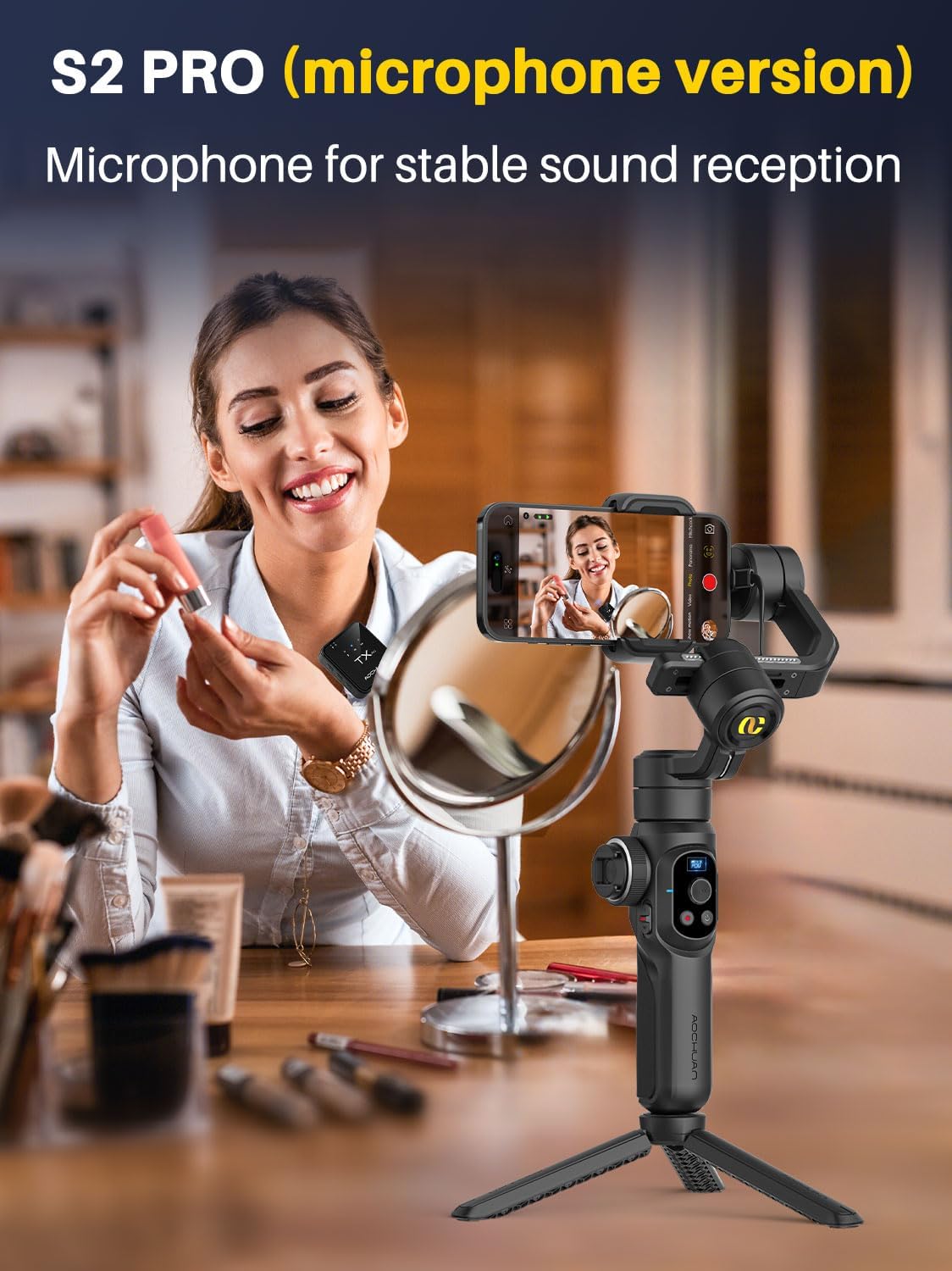 S2 Mic Smartphone Gimbal Stabilizer w/Wireless Lavalier Microphone, Built-in 18cm Extension Rod & Fill Light, Professional 3-Axis Gimbal for iPhone & Android for Video Recording