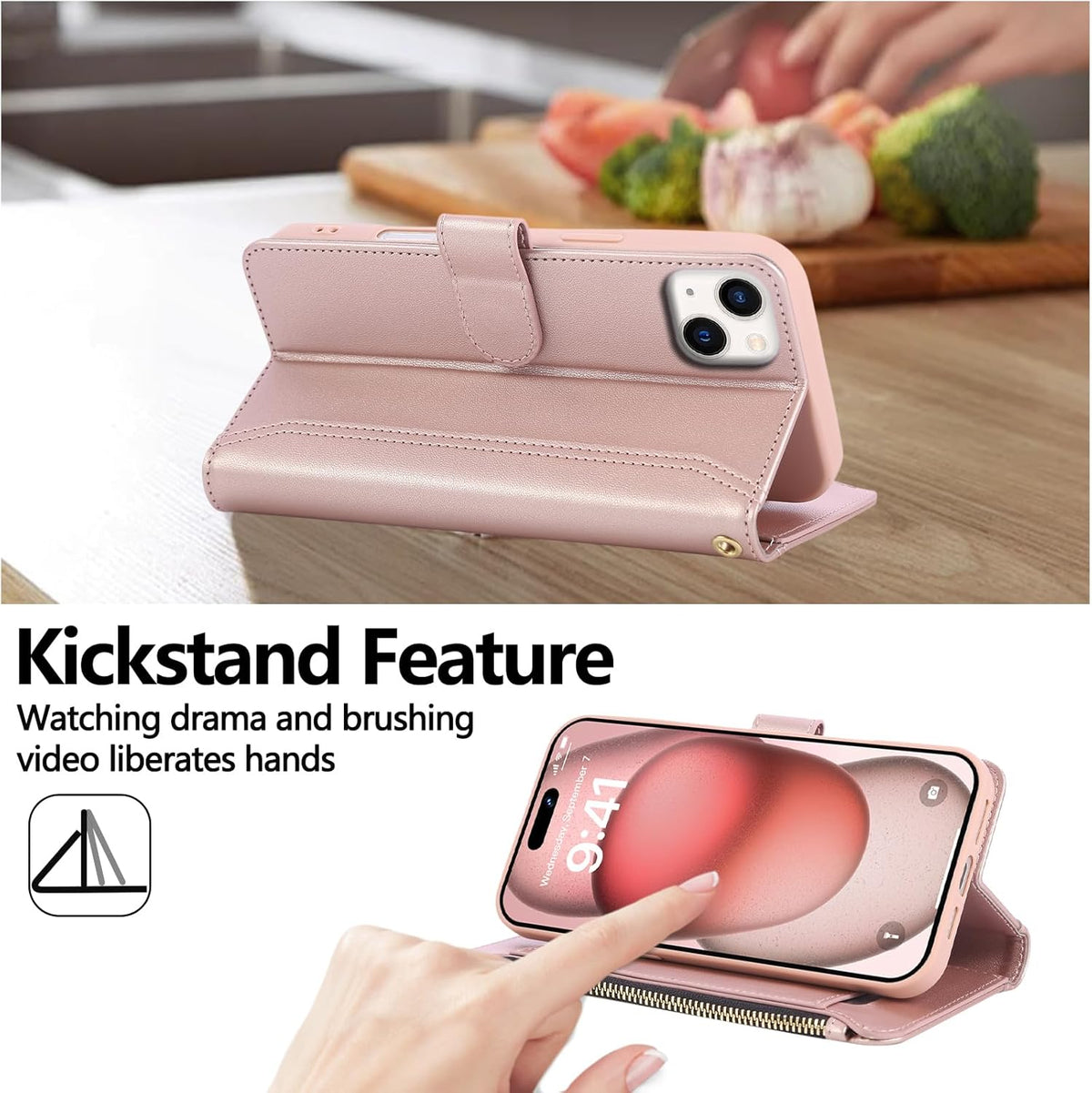 Compatible with iPhone 15 Wallet Phone Case-PU Leather Magnetic Flip Cover with Credit Card Slots,Zipper Pocket & Detachable Wrist Strap,Shockproof Design,for Women and Men-Pink