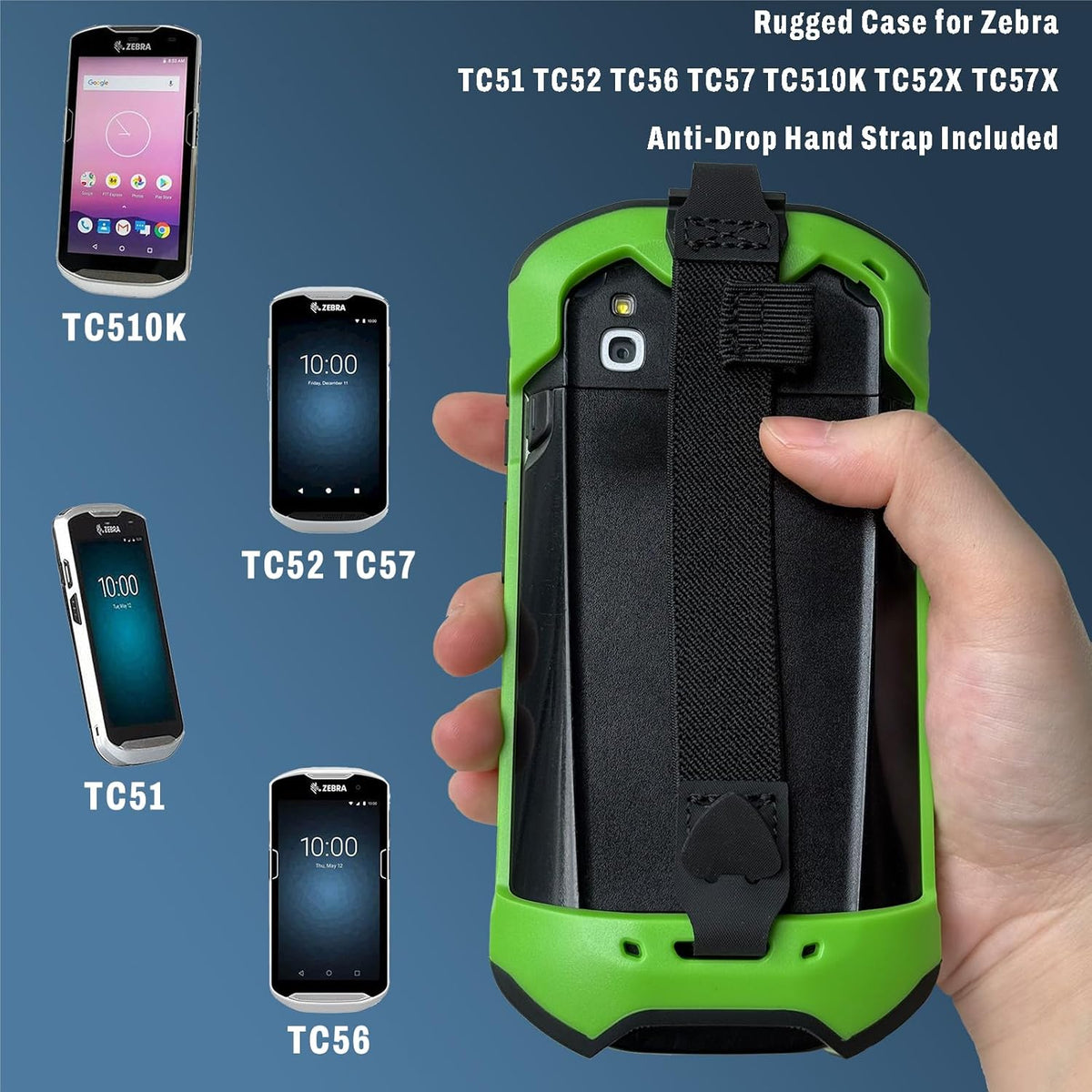 Case for Zebra TC51 TC510K TC52 TC52X TC56 TC57 TC57X TC520 TC520K – Rugged Protective Cover with Strap, Bumper, Boot-Style Holster, Handheld Barcode Scanner Accessory SG-TC51-EXO1-01 (Green)