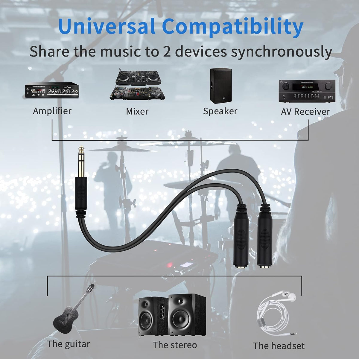 1/4 Splitter Cable, 1/4 Inch (6.35mm) TRS Male to Dual 1/4 Inch TRS Female Stereo Jack Adapter, Quarter inch TRS Headphone Splitter Cable - 8 inches/20cm