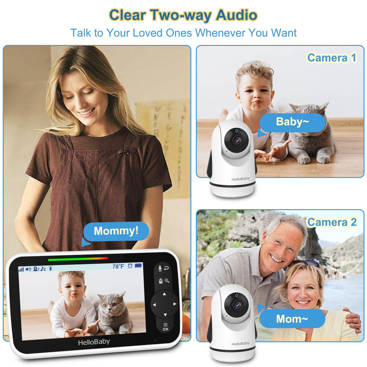 HelloBaby Video Baby Monitor with 2 Cameras and 5 Inch Split Screen Display, Remote Control Cameras with Night Vision and Temprature Monitoring