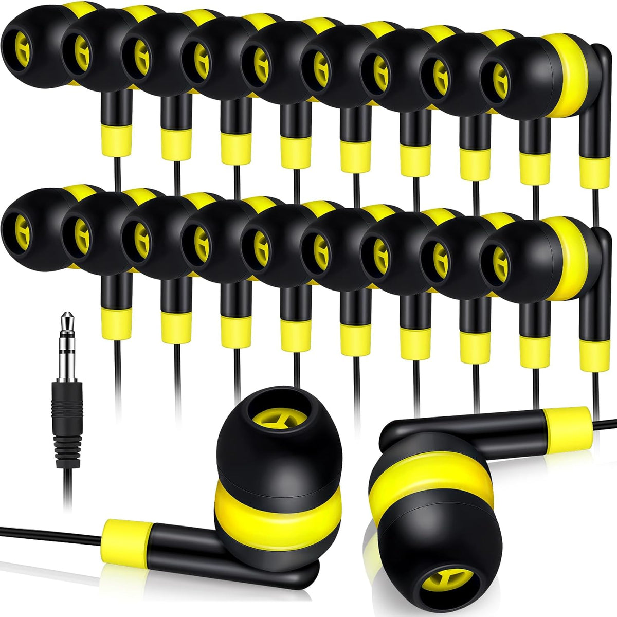 Kanayu 100 Pack Wired Earbuds Bulk for Classroom Ear Headphones Wired Basic Student Earbuds No Microphone with 3.5mm Jack for Kids Class Laptop School Library, Individually Bagged(Yellow)
