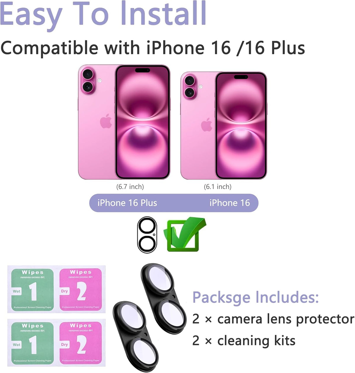 2 Pack Camera Lens Protector for iPhone 16 / iPhone 16 Plus,[Not Easy to Breakn ] AR Tempered Glass Strong Adsorption Metal Camera Cover Screen-Black