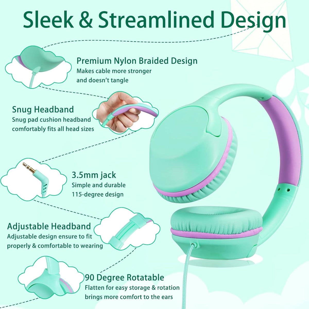 94dB 3.5MM POWMEE Kids Headphones Over-Ear Headphones for Kids/Teens/School with Volume Limited Adjustable Stereo Jack