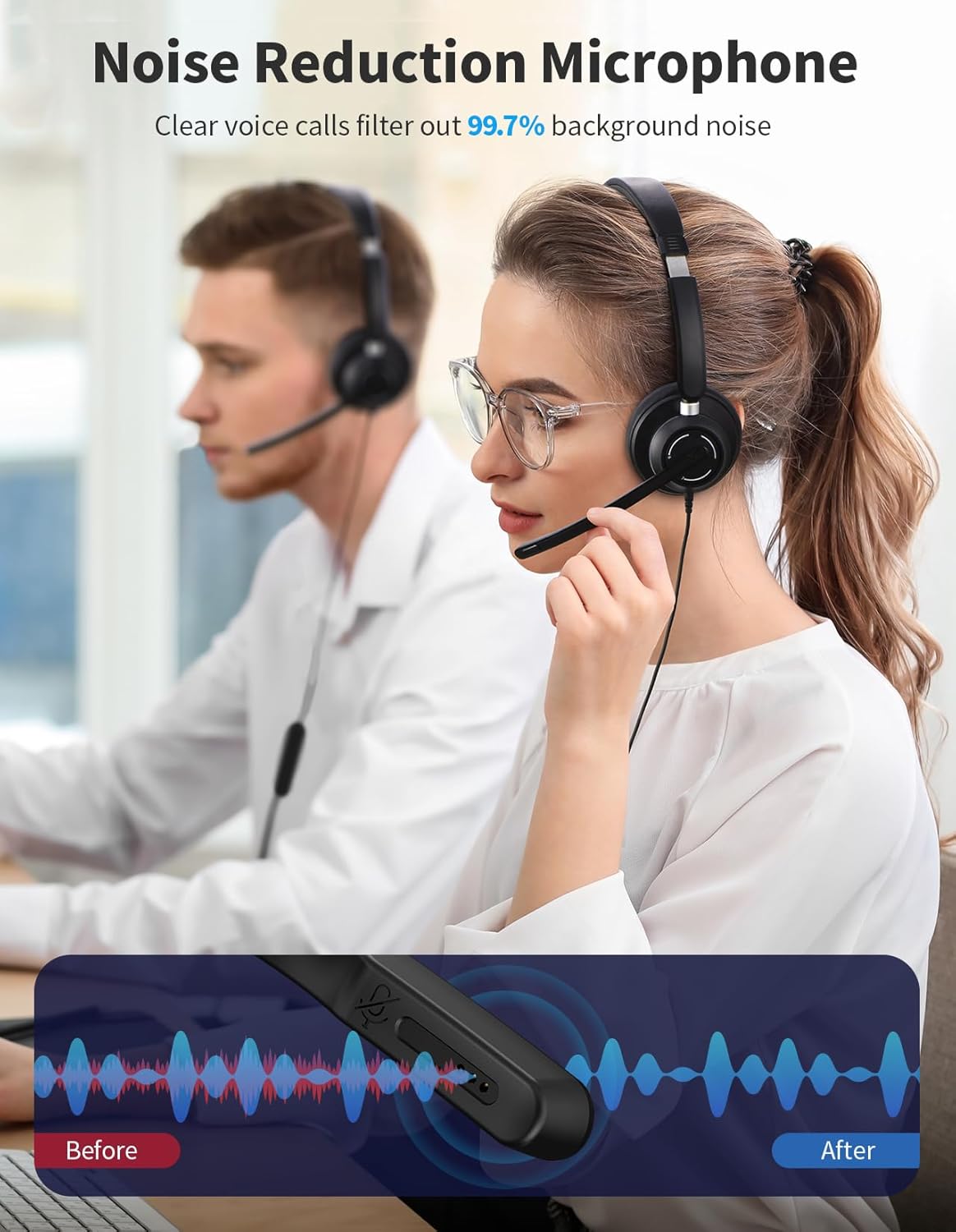 USB Headset with Microphone for PC, Wired Headphones with Noise Cancelling Mic, Computer Headset with in-line Controls, 3.5mm & USB Plug for Zoom, Skype, Call Center, Office Use, Black