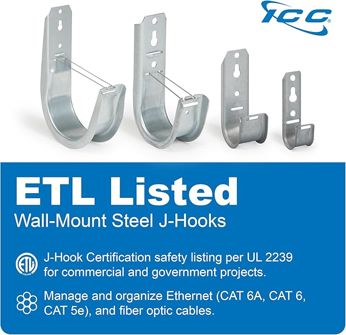 ICC 3/4-Inch Wall Mount J-Hook – 25-Pack, Cable Support 3/4" J Hooks Without Retainer Clips, Galvanized Steel with Zinc Finish – for Structured Cabling and Cable Management