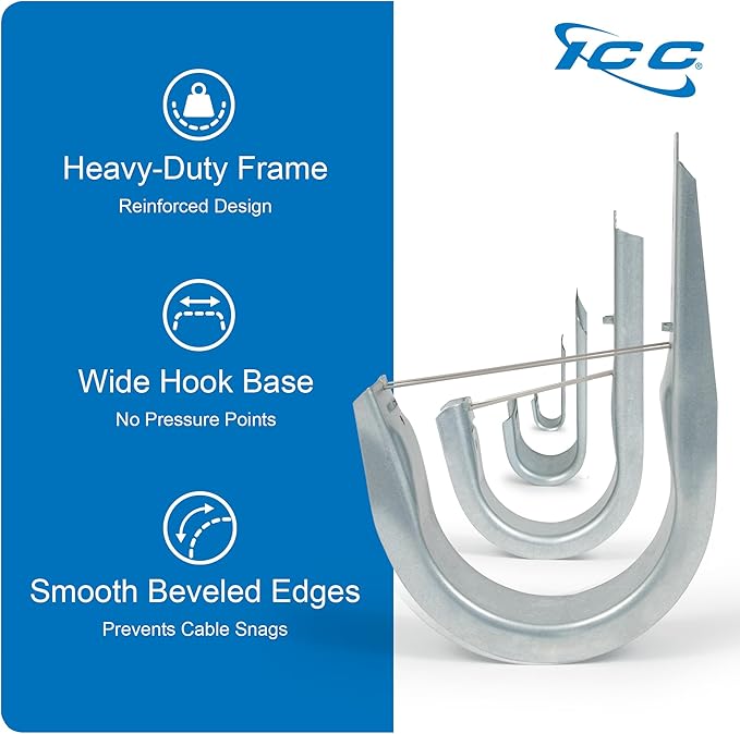 ICC 4-Inch Wall Mount J-Hook – 25-Pack, Cable Support 4" J Hooks with Retainer Clips, Galvanized Steel with Zinc Finish – for Structured Cabling and Cable Management
