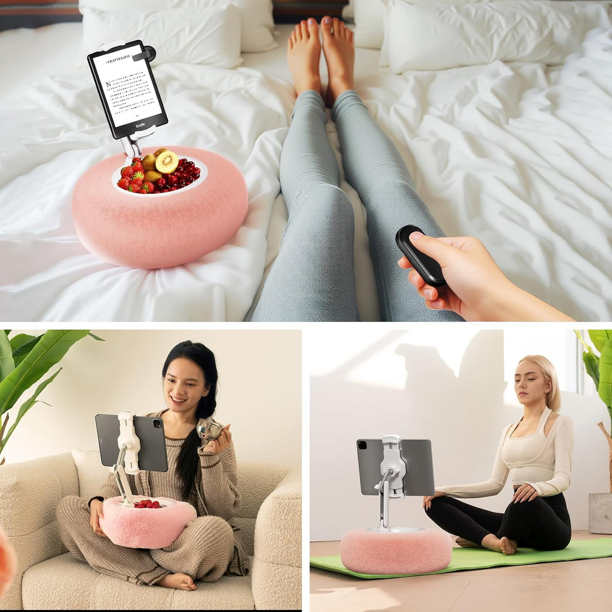 Tablet Pillow Stand for Reading, Adjustable Tablet Pillow Stand for Lap with Detachable Bowl, Fits 4.7"-13" Kindle/Phones/Tablets, Watch Videos, Stream Media, Pink