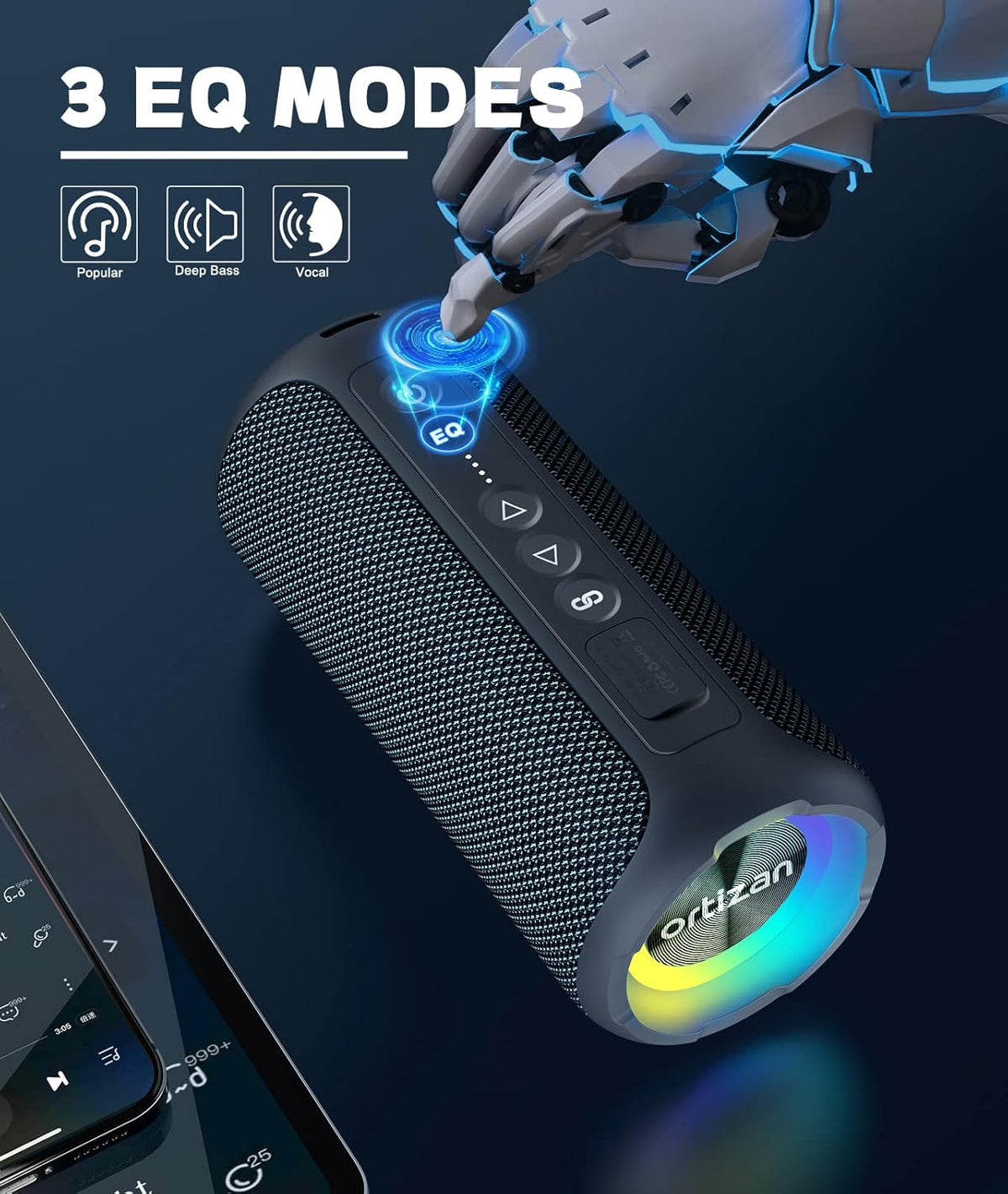 Ortizan Bluetooth Speakers, Portable Wireless Stereo Speaker - IPX7 Waterproof, 30W RMS(40W Peak) Loud Sound, Deep Bass, LED Light, Bluetooth 5.3, for Home/Shower/Outdoor/Beach, Gifts for Adult, Navy