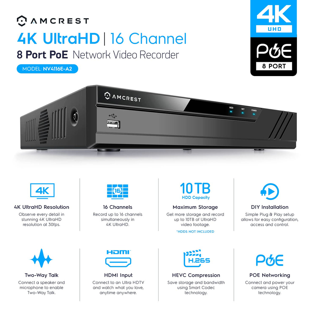 Amcrest 4K 16CH 8 Port PoE NVR NV4116E-A2 (1080p/3MP/4MP/5MP/8MP) Network Video Recorder, 16CH (8-Port PoE) NVR - Supports up to 16 x 8-Megapixel IP