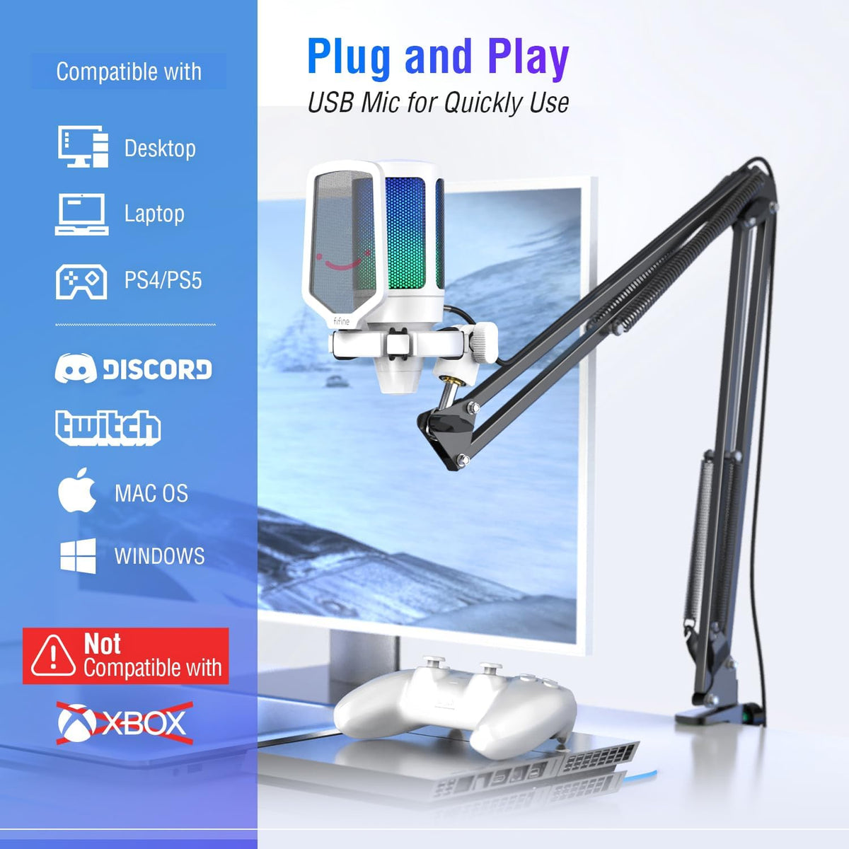 FIFINE Streaming Gaming USB Microphone Kit, PC Condenser RGB Mic Compatible with PS4/PS5, Plug and Play for Music Recording, Online Game, Discord, Twitch, with Pop Filter, Shock Mount-A6T White