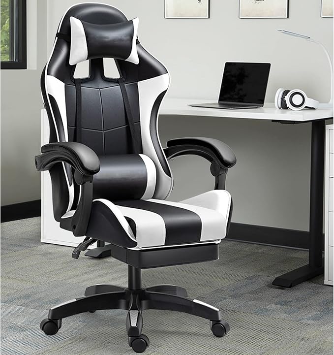 Gaming Chair with Footrest Gamer Chair with Lumbar Support and Headrest Height Adjustable Office Chair with 360°-Swivel Seat Pink