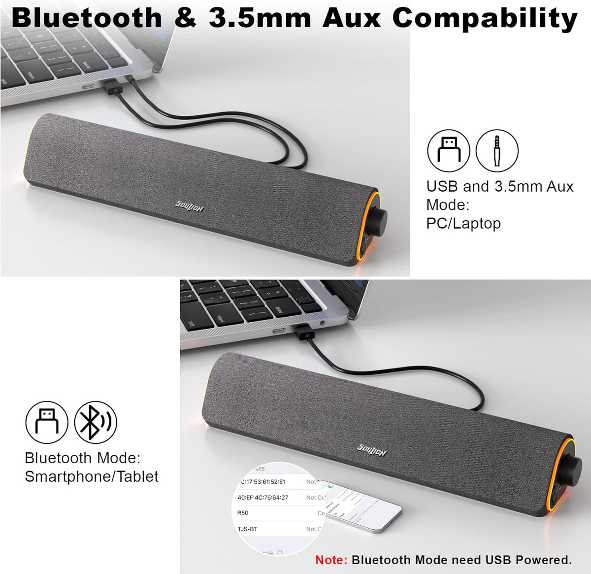 SOULION R50 Bluetooth Computer Speakers, 3.5mm PC Sound Bar for Desktop Monitor, Wired USB Powered & Colorful LED Lights with Switch Button, Surround Sound Soundbar PC Spearkers for Computer