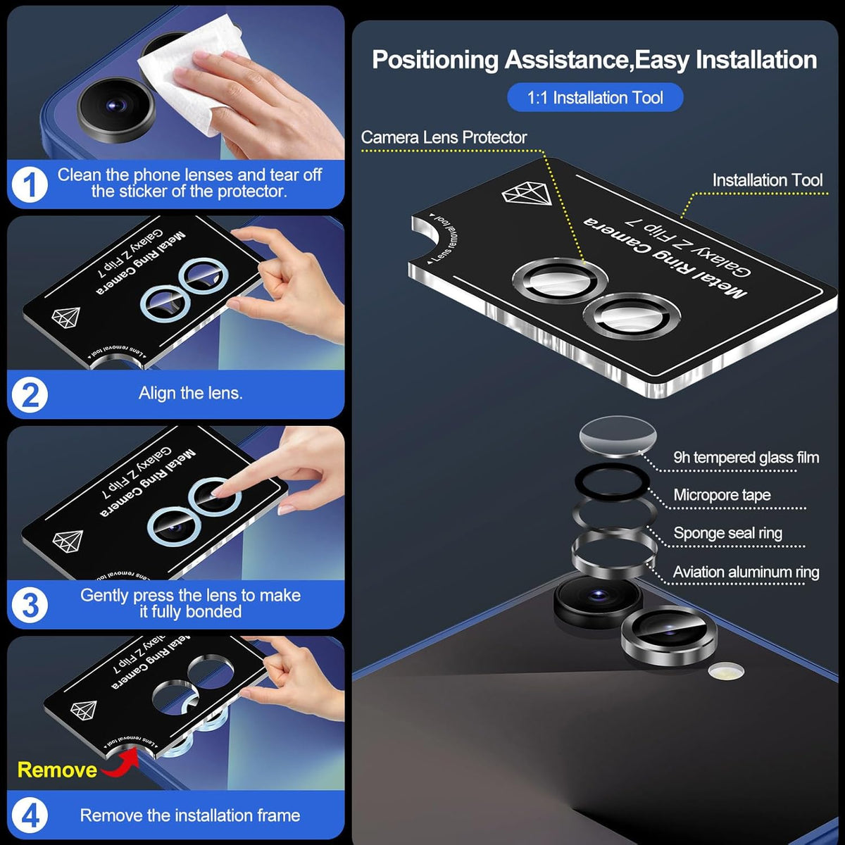 for Samsung Galaxy Z Flip 7 Camera Lens Protector, Individual Metal Ring Tempered Glass Lens Cover, [Strong Adsorption] Scratch Resistant Ultra-Thin HD Clear Lens Cover, 1 Set-Black