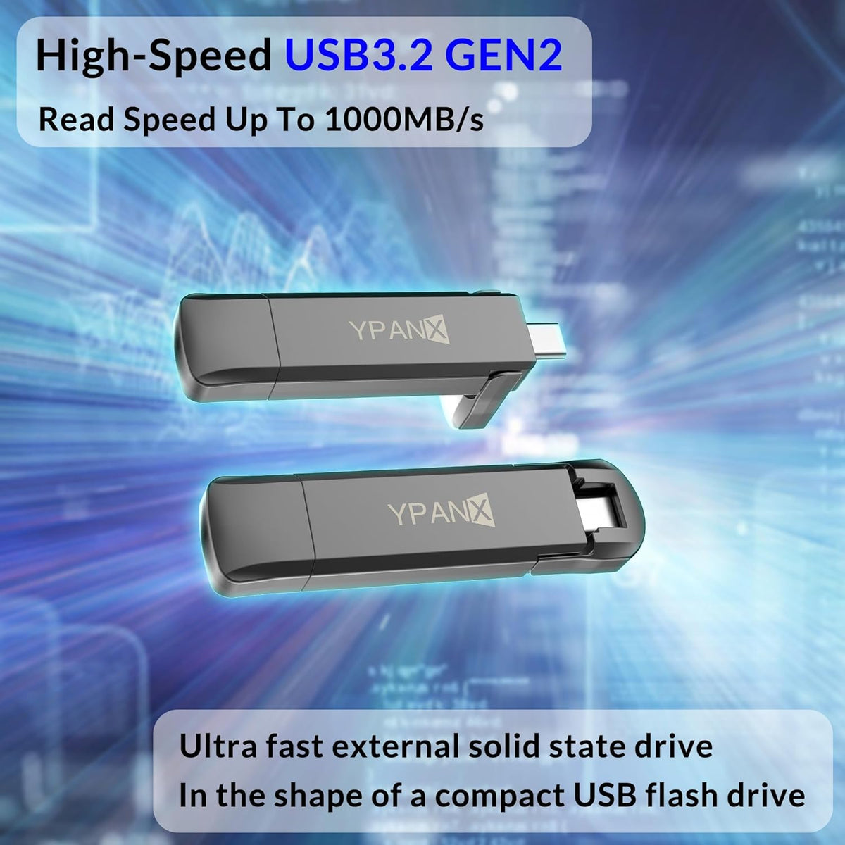 YPANX 1 TB Pro Portable SSD, 1000MB/s Speed, USB 3.2 Gen 2 + Type C Dual-Port, Lightweight External SSD for iPhone 15/16/Pro, Android, Windows, Mac, Tablets