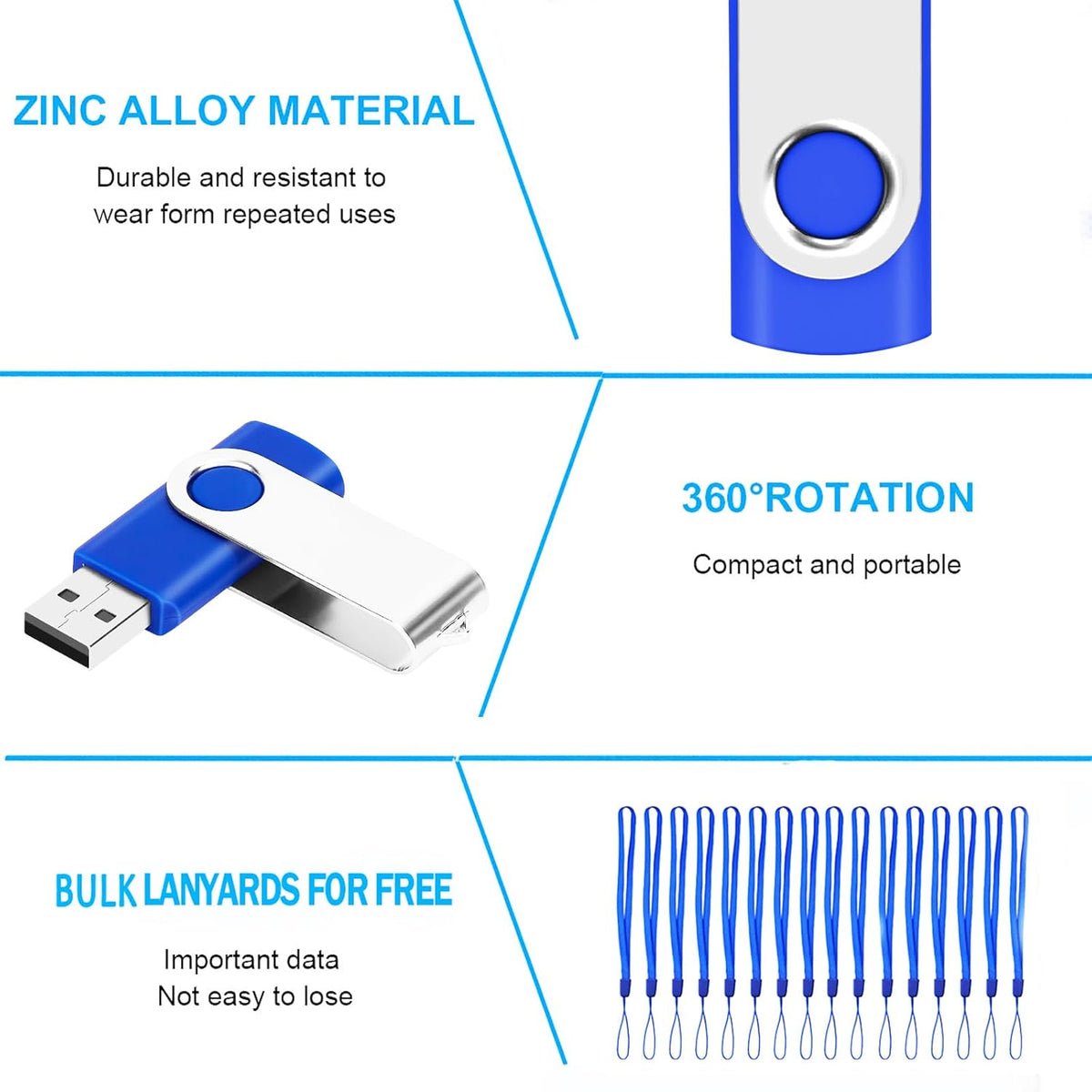 20PCS 4GB Bulk Flash Drives EASTBULL USB 2.0 Metal 4GB Flash Drive Bulk Thumb Drive Pack Swivel USB Drives Pack (Blue 20Pack)