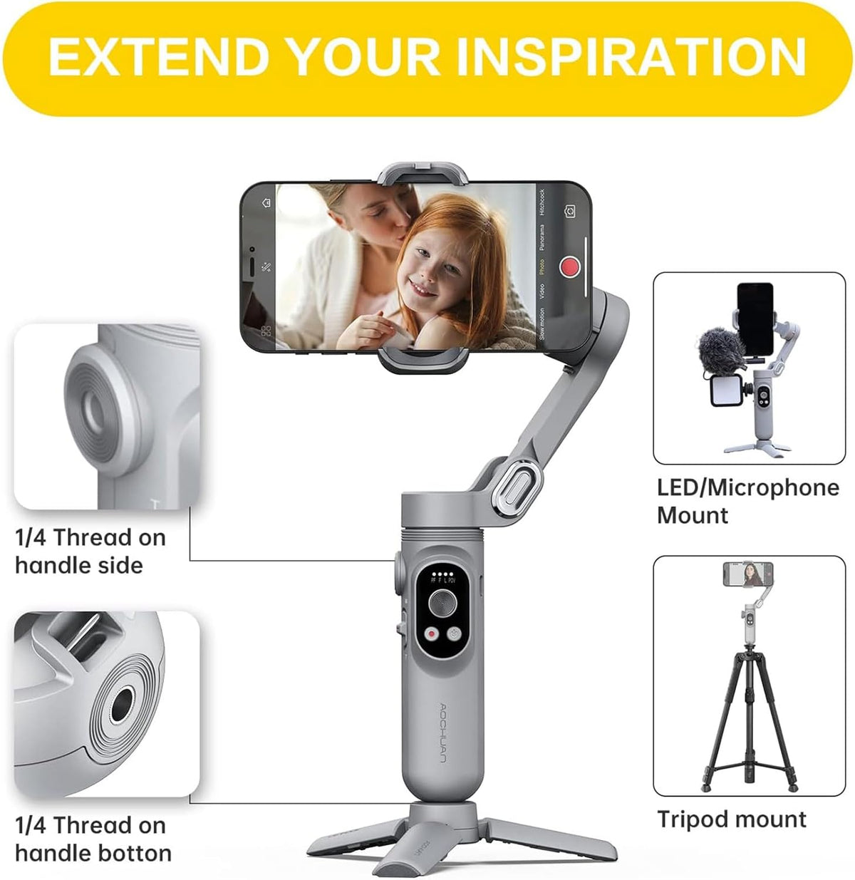 Gimbal Stabilizer for Smartphone w/LED Light Face Tracking Inception Timelapse Handheld Foldable 3-Axis Gimble for iPhone 15 14 13 12 11 Pro Max Android Galaxy S23 YouTube TikTok Vlog AOCHUAN Smart X