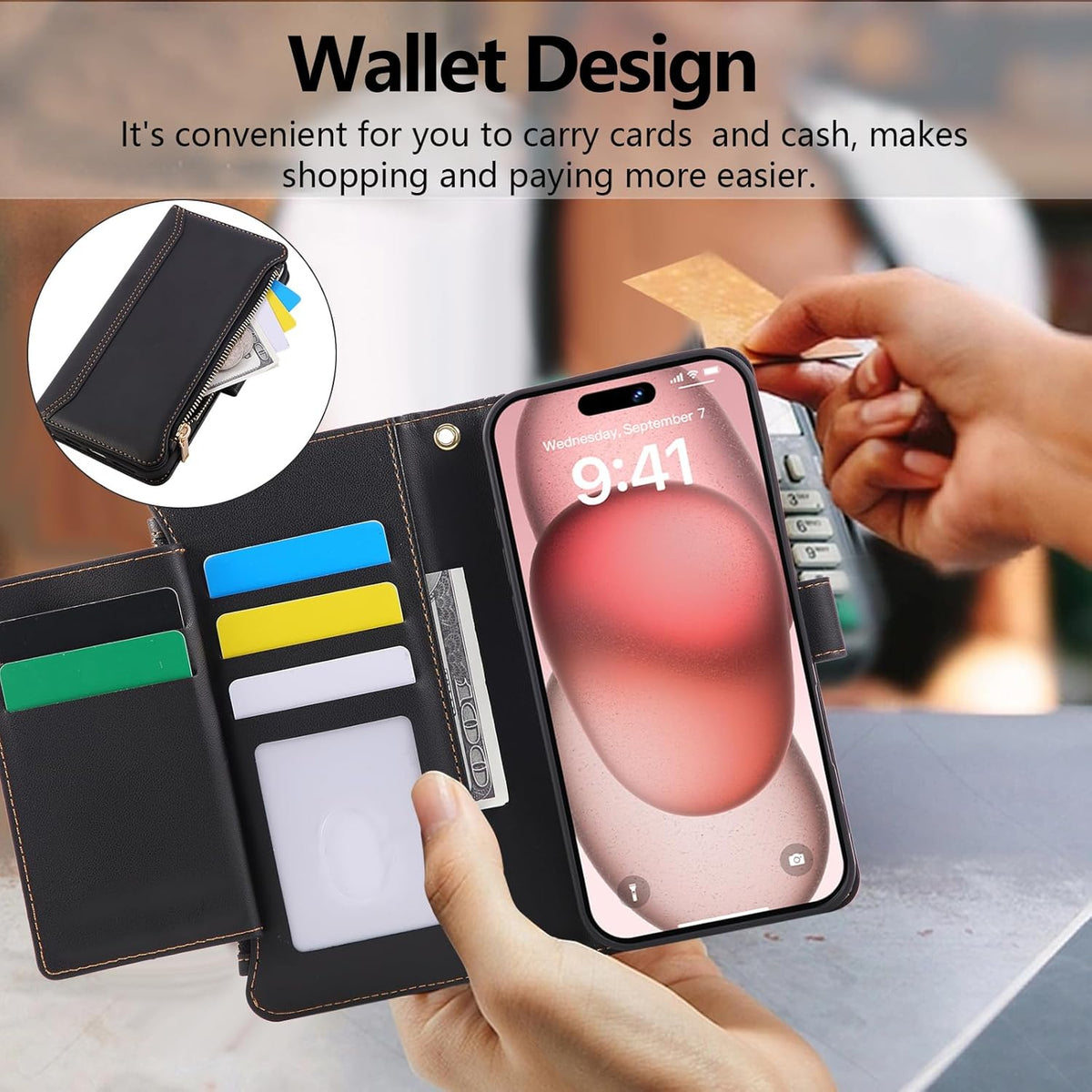 Compatible with iPhone 13 Pro Wallet Phone Case-PU Leather Magnetic Flip Cover with Credit Card Slots,Zipper Pocket & Detachable Wrist Strap,Shockproof Design,for Women and Men-Black