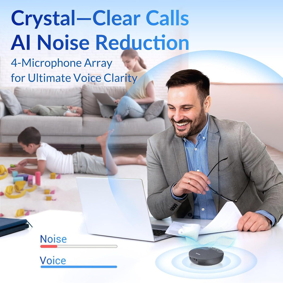Bluetooth Conference Speakerphone with 4 Mics, AI Noise Reduction, 360° Voice Pickup, 2600mAh Battery, Bluetooth/USB-C/Dongle, Daisy Chain for Large Rooms, Compatible with Zoom/Teams/Skype