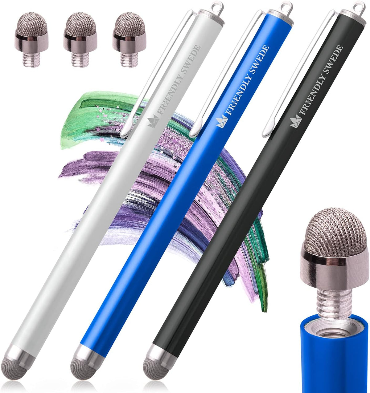 The Friendly Swede Mesh Tip Stylus Pen for Touchscreen — 3-Pack Micro-Knit Capacitive Stylus Pen for iPad & iPhone with 3 Replaceable Fiber Tips, Elastic Lanyards & Screen Cleaning Cloth