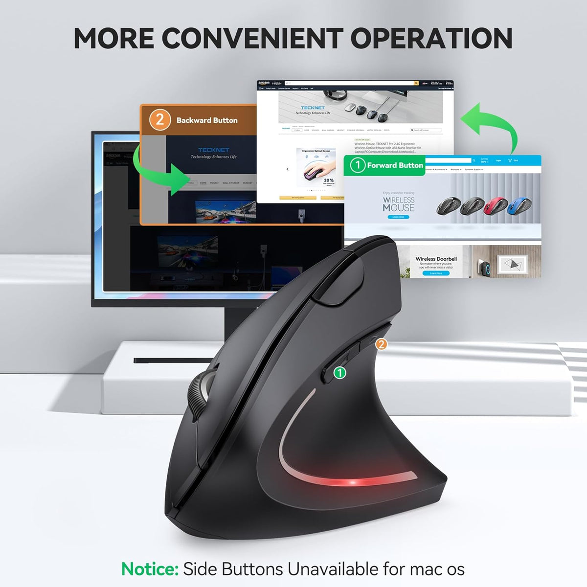 TECKNET Ergonomic Mouse, Jiggler Bluetooth Wireless Vertical Mouse, 4800 DPI Silent Mouse with 6 Adjustable DPI Levels, 2.4GHz (USB A & C) Mouse, 6 Buttons Computer Mice - Wide Compatibility