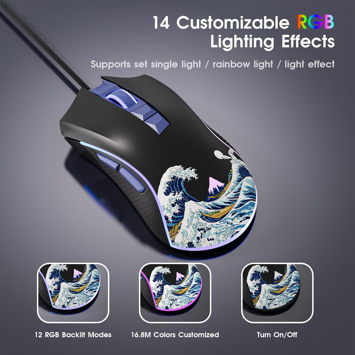 HITIME XVX Wired Gaming Mouse, 12000 DPI RGB Mouse with 12 Backlit Modes & 7 Macro Buttons, PC Gaming Mice Support DIY Keybinding, Gamer Computer Mice for Laptop PC Mac Windows, Kanagawa