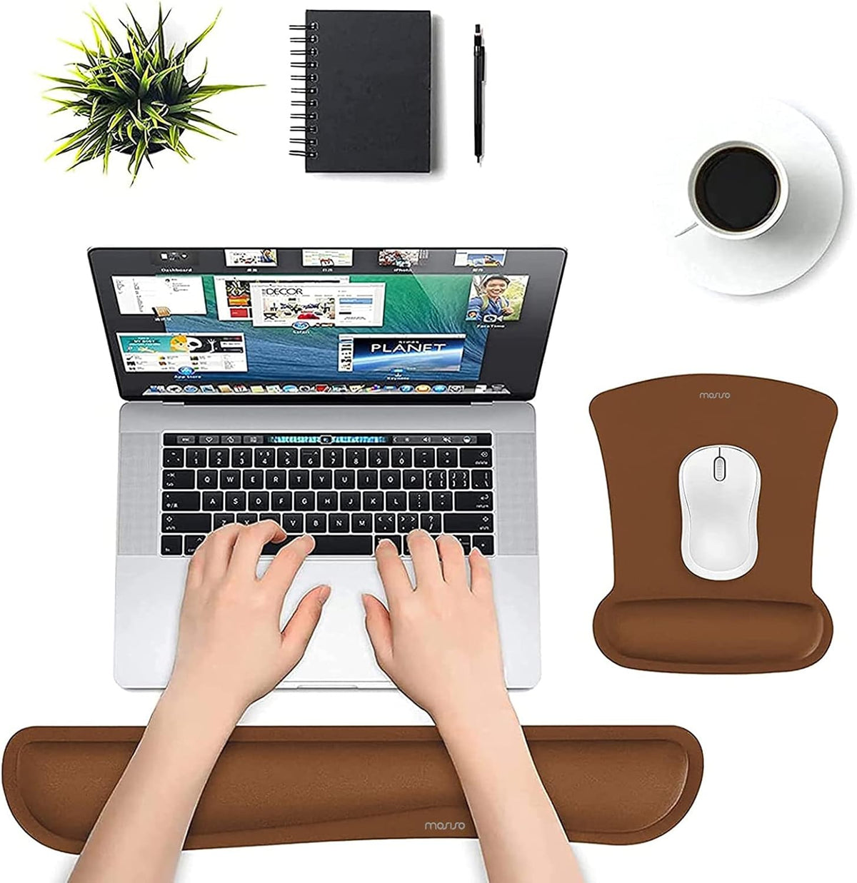 MOSISO Wrist Rest Support for Mouse Pad & Keyboard Set, Ergonomic Mousepad Non-Slip Base Home/Office Pain Relief & Easy Typing Cushion with Neoprene Cloth & Raised Memory Foam, Brown