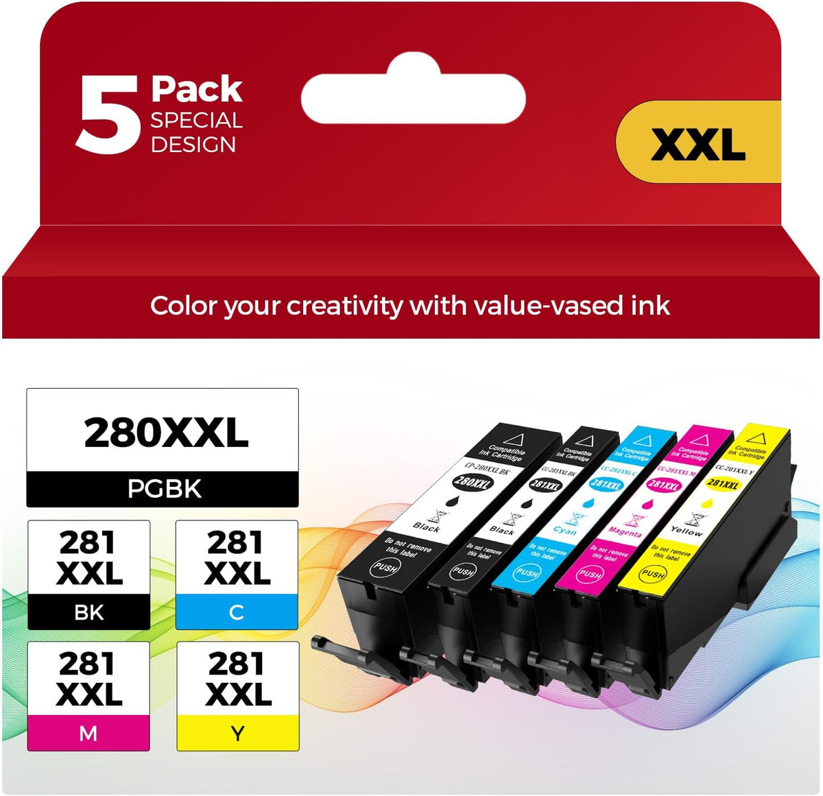 PGI-280XXL/CLI-281XXL Compatible Ink Cartridge Replacement for Canon Ink 280 and 281 Cartridge High Yield Use to PIXMA TR7520 TR8520 TR8500 TR8600 TR8620 TS6120 TS6220 TS9120 (5 Value Pack)