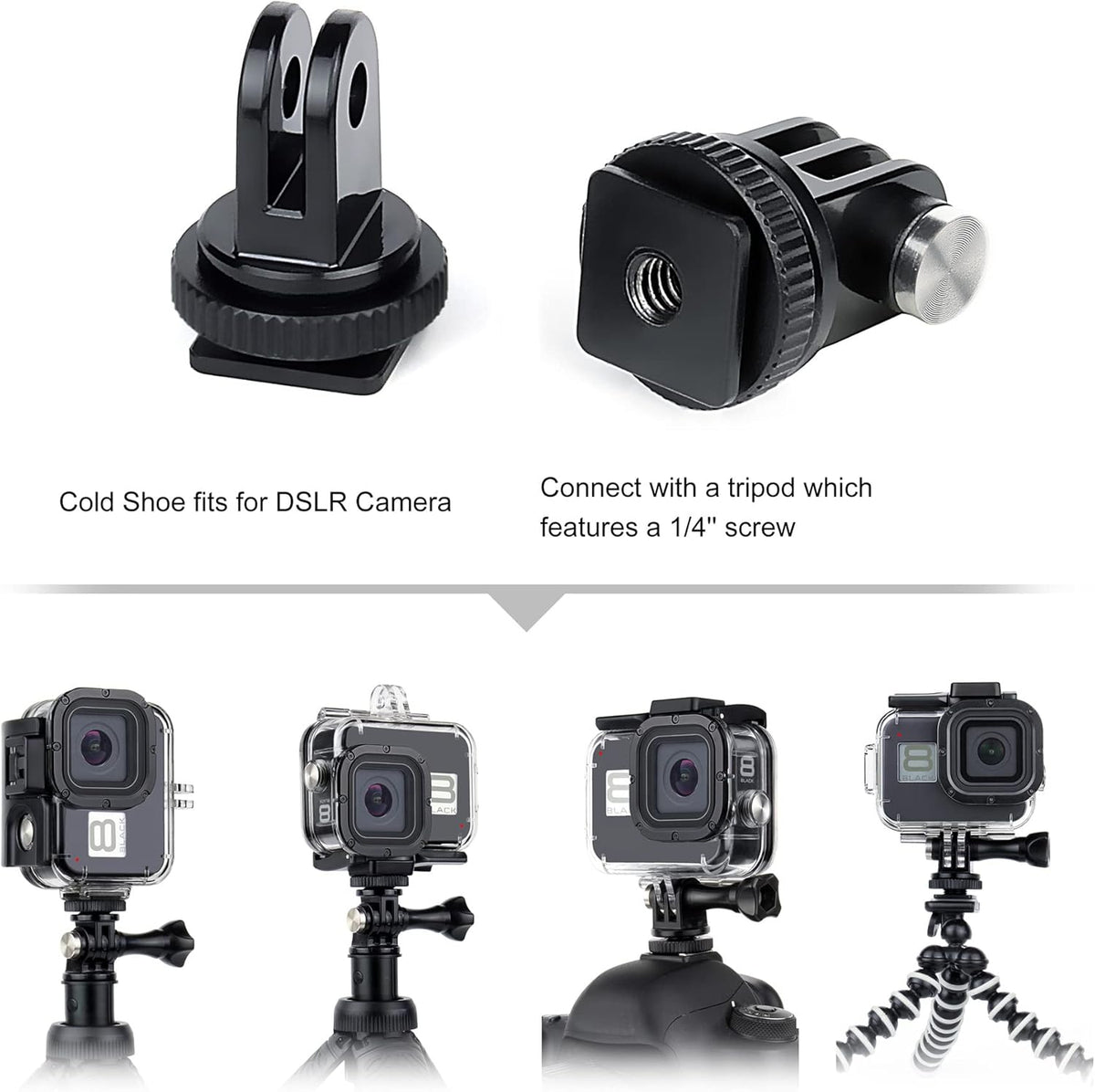 Waterproof Housing Case for GoPro Hero 8 Black - 60M(196ft) Protective Underwater Diving Shell Mount with 2 Cold Shoe Adapters Bracket Accessories Action Camera