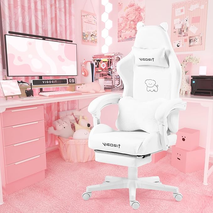 Cute Cat Ears Gaming Chair Girly Ergonomic Computer Chair with High Back 360° Swivel Office Computer Chair with Footrest and Paw Lumbar Cushion for Teens Girls Women (White)