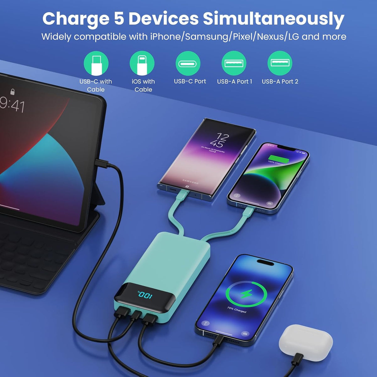 Portable Charger 40800mAh Power Bank with 3 Built-in Cables,PD 25W USB C in&Out Power Bank Fast Phone Charging,QC4.0 5 Output LED Display Battery Pack Compatible with iPhone 16/15,Galaxy,Android-Green