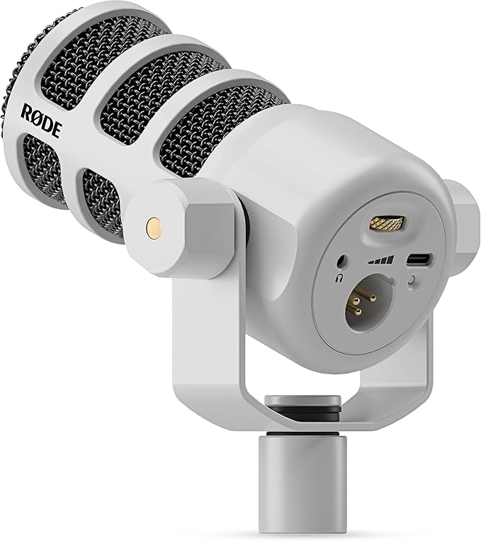 Rode PodMic USB White Dynamic Broadcast Microphone with Rode SC27 Black USB-C to USB-C Cable and StreamEye Adjustable Boom Arm
