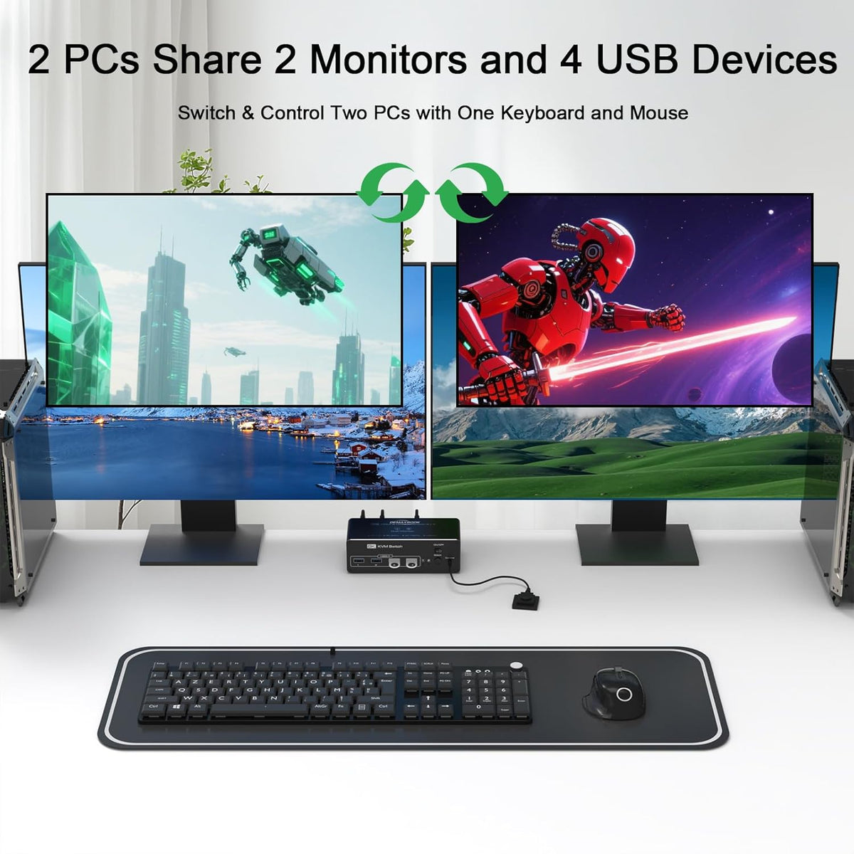 DEMEXBOOK Dual Monitor DisplayPort KVM Switch 2 Monitors 2 Computers 8K@60Hz 4K@144Hz,KVM Switch 2 Computers Share 2 Monitors, 4 USB 3.0 Ports, Supports Extended/Copy Mode with Remote & USB Cables