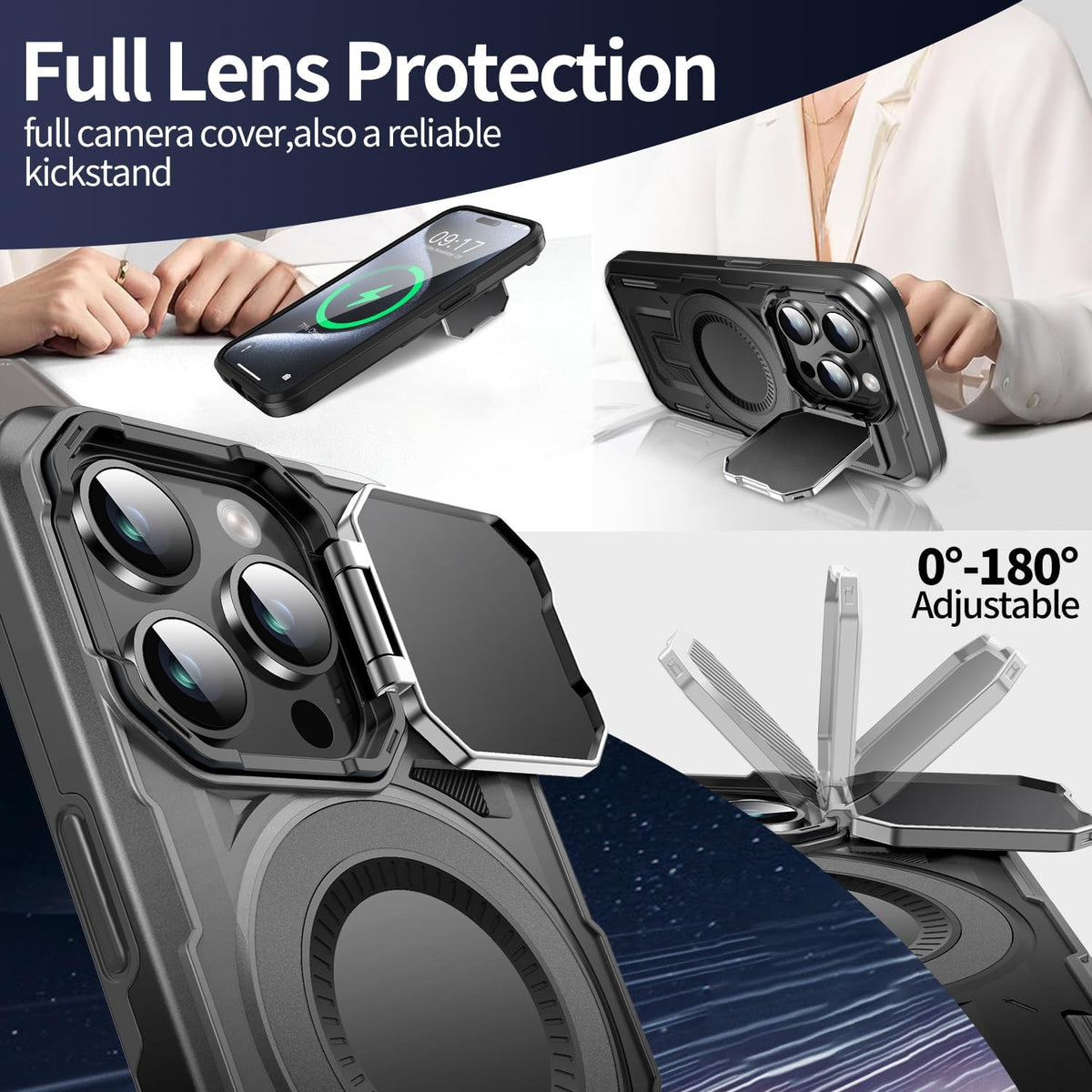 Camera Stand Case for iPhone 15 Pro Max, [Compatible with MagSafe] [Lens Cover] 2024 Version Military Grade Protective Soft Case for iPhone 15 Pro Max 6.7 inch Men Women, Black