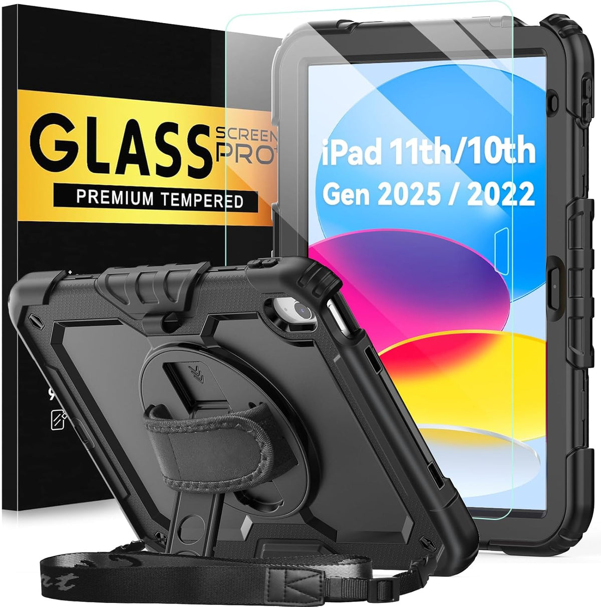 BLOSOMEET Case for iPad A16 11th/10th Generation 11''/10.9'' 2025/2022 with Tempered Glass Screen Protector & Pencil Holder, Rugged Military Grade Cover w/Stand Hand Shoulder Strap, Black
